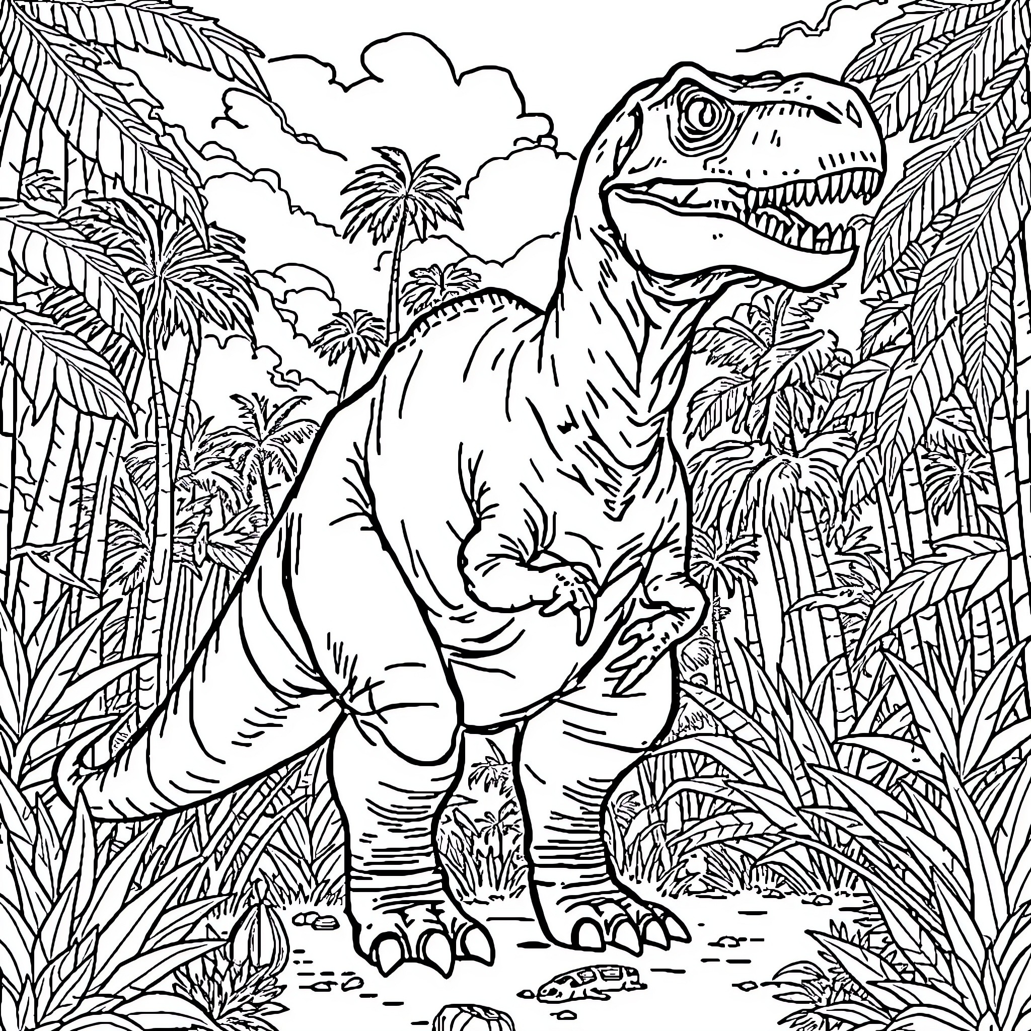 Dinosaur Roaring in Tropical Jungle Landscape Coloring Page (free black-and-white line drawing printable PDF for all, from beginners to advanced learners, including children, teens, adults, and seniors)
