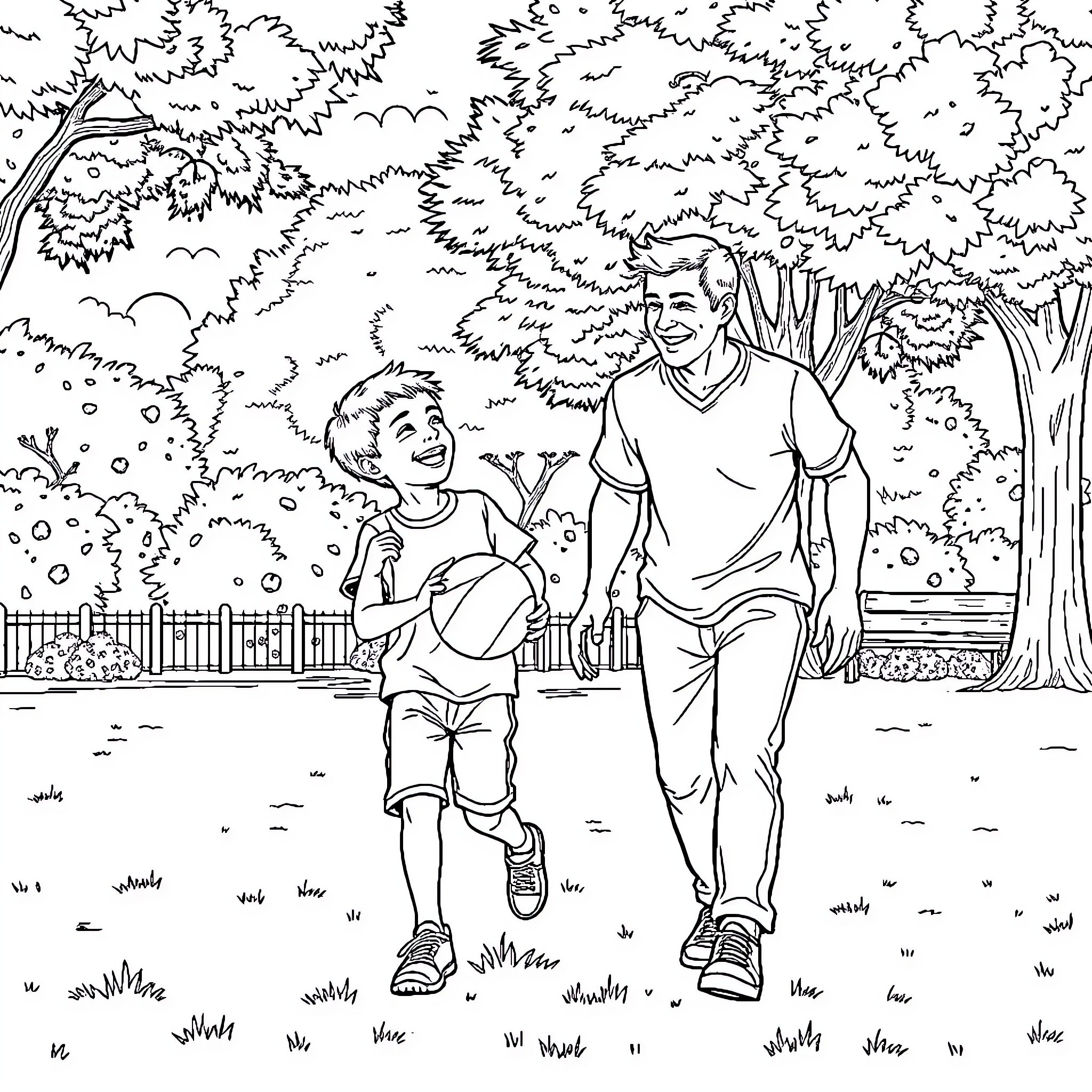 Kid Playing with Dad in Park Coloring Page (free black-and-white line drawing printable PDF for all, from beginners to advanced learners, including children, teens, adults, and seniors)