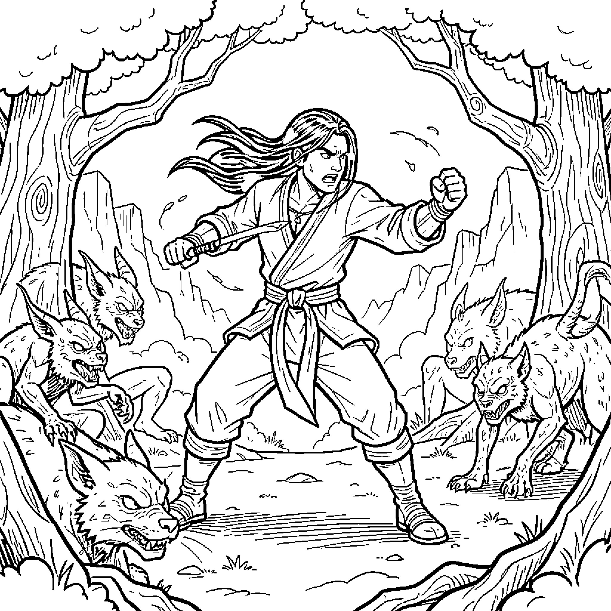 Demon Slayer fighting monsters in a forest setting Coloring Page (free black-and-white line drawing printable PDF for all, from beginners to advanced learners, including children, teens, adults, and seniors)