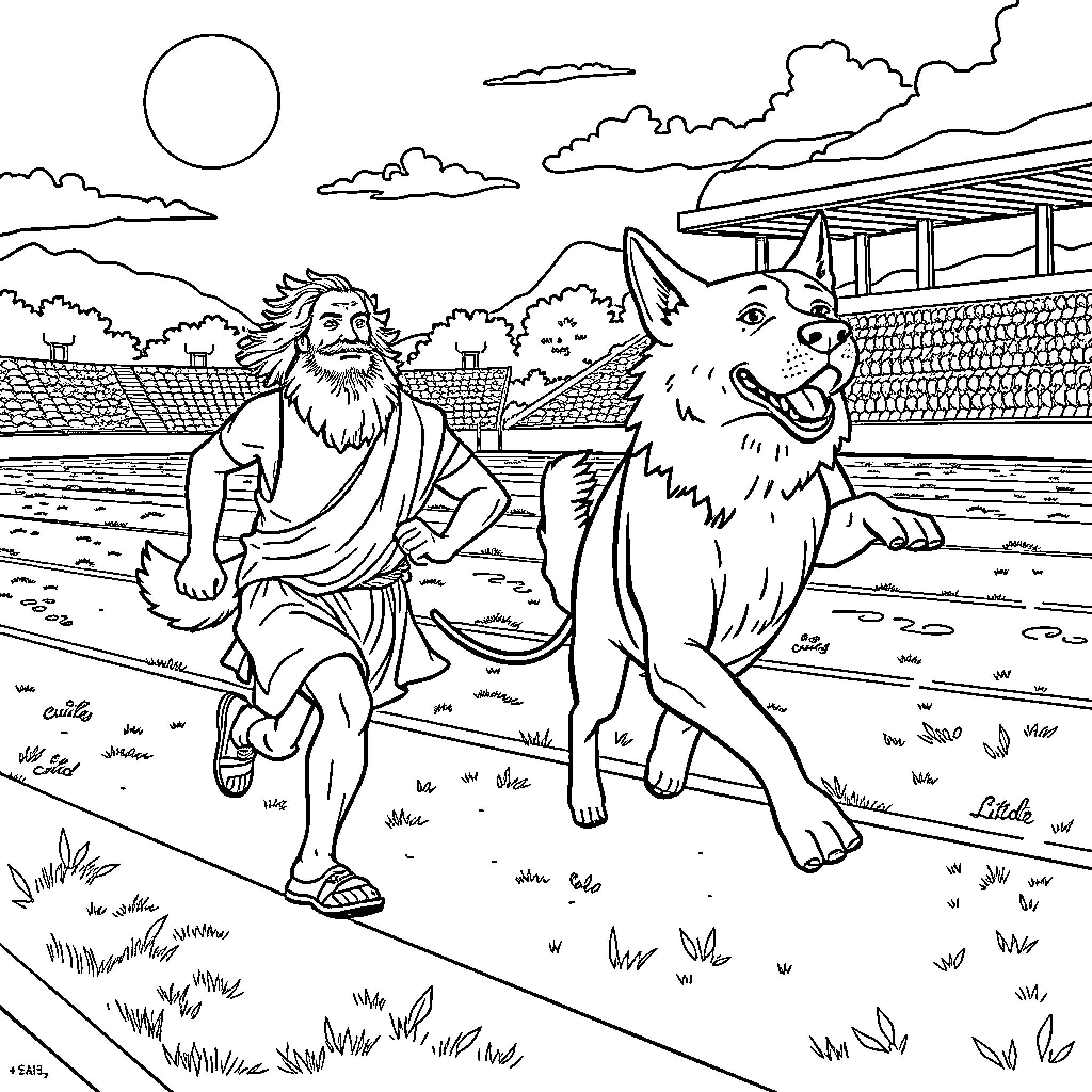 Euripides and His Loyal Canine Companion Explore the Countryside Coloring Page (free black-and-white line drawing printable PDF for all, from beginners to advanced learners, including children, teens, adults, and seniors)