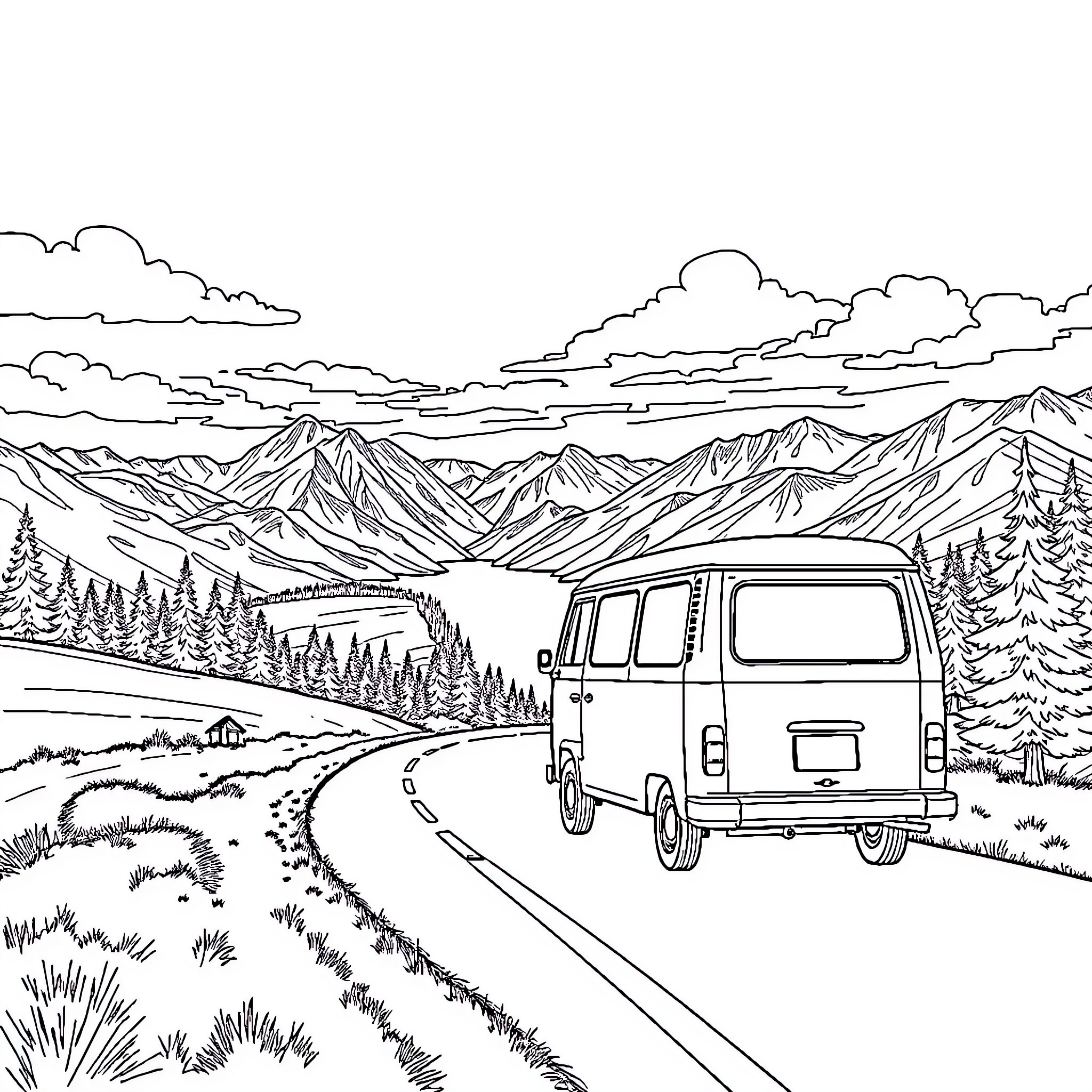 Van driving through scenic mountain landscape Coloring Page (free black-and-white line drawing printable PDF for all, from beginners to advanced learners, including children, teens, adults, and seniors)