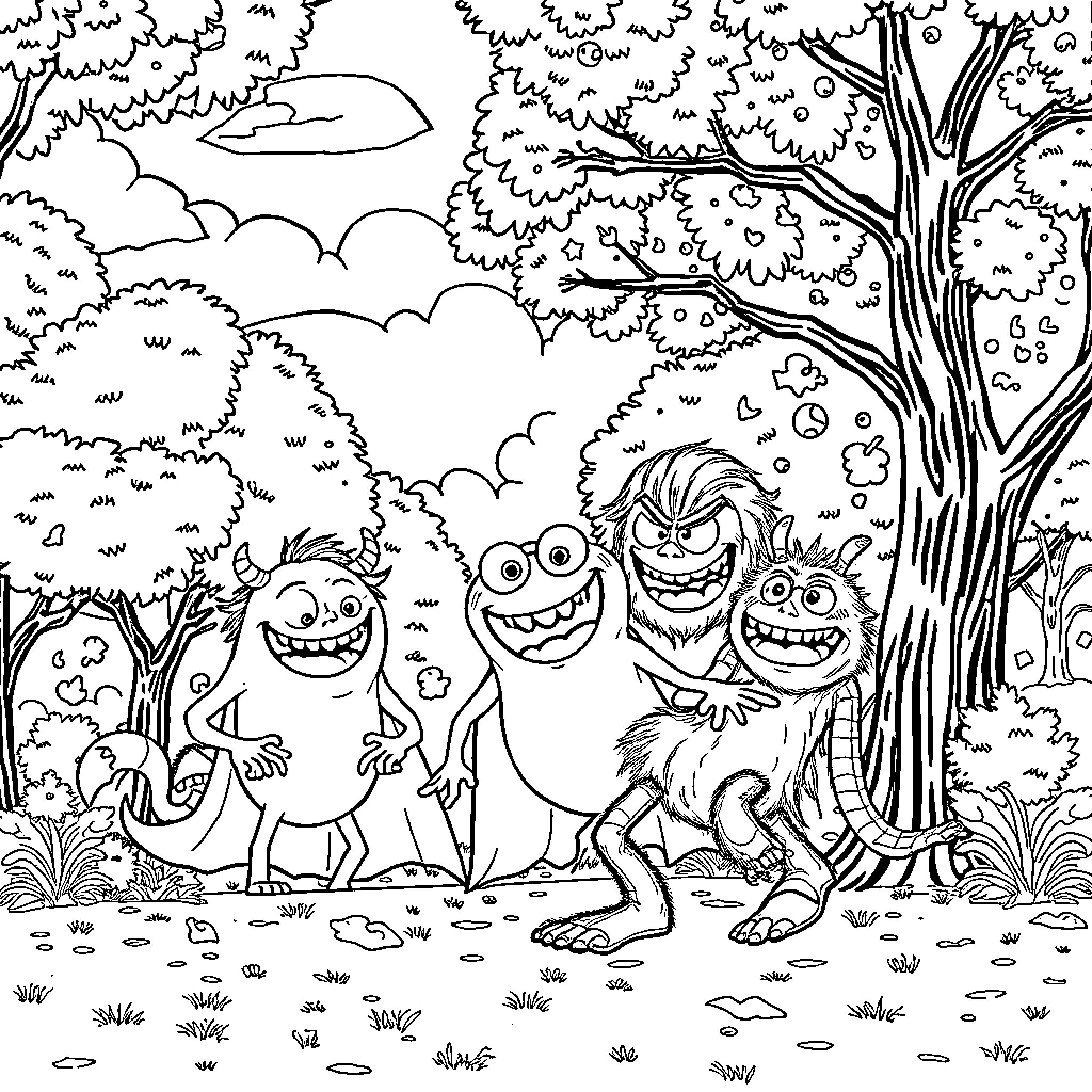 Supermonsters having a wild time in the forest Coloring Page (free black-and-white line drawing printable PDF for all, from beginners to advanced learners, including children, teens, adults, and seniors)