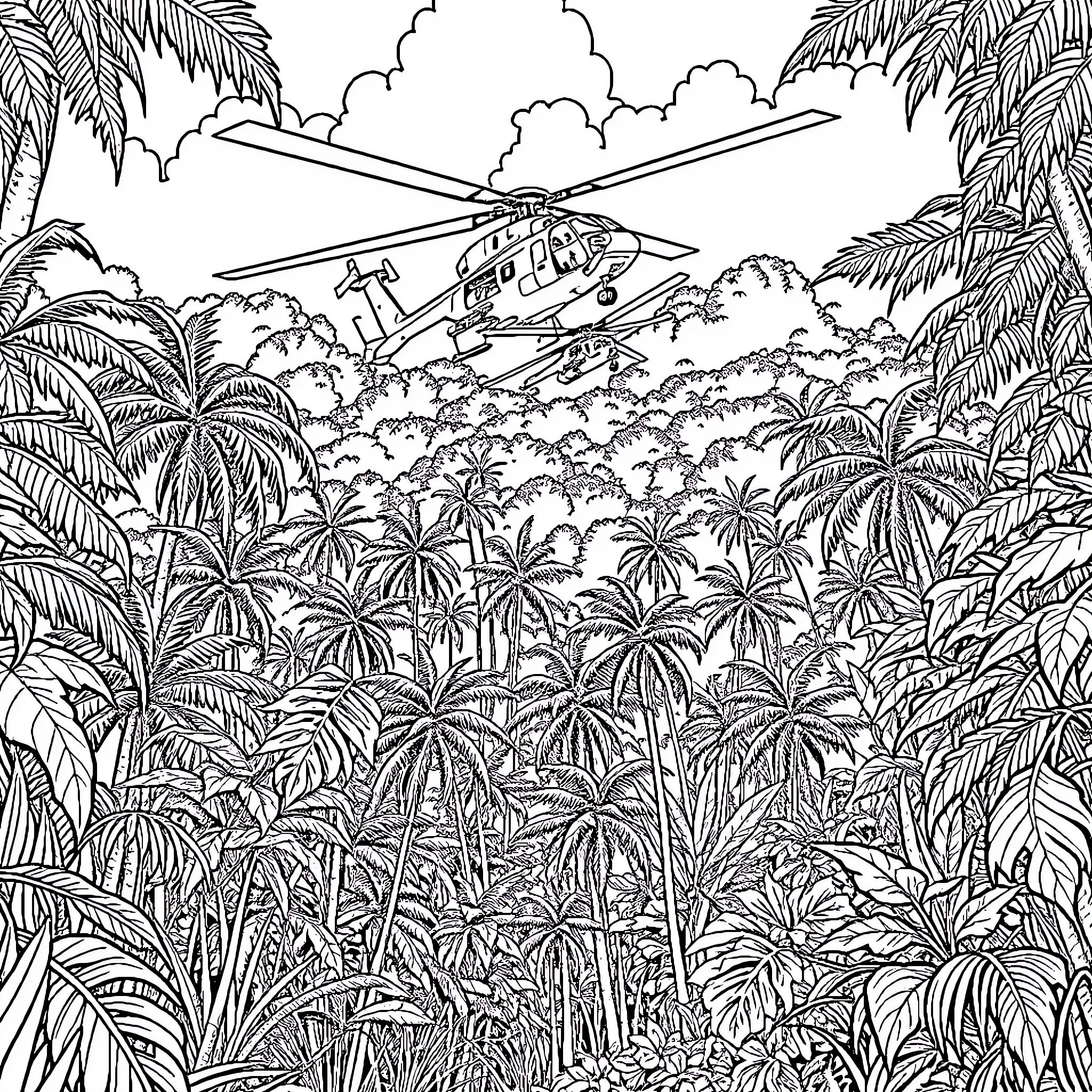 Helicopter flying over lush tropical jungle Coloring Page (free black-and-white line drawing printable PDF for all, from beginners to advanced learners, including children, teens, adults, and seniors)