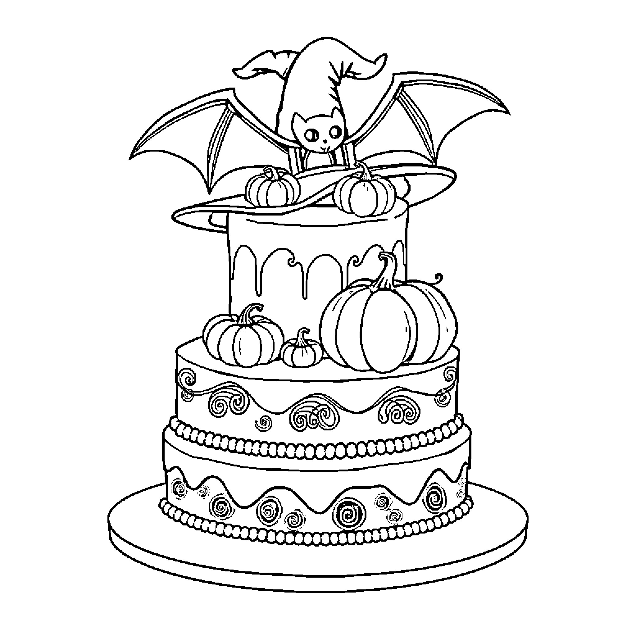 Cake with Spooky Halloween Decorations Coloring Page (free black-and-white line drawing printable PDF for all, from beginners to advanced learners, including children, teens, adults, and seniors)