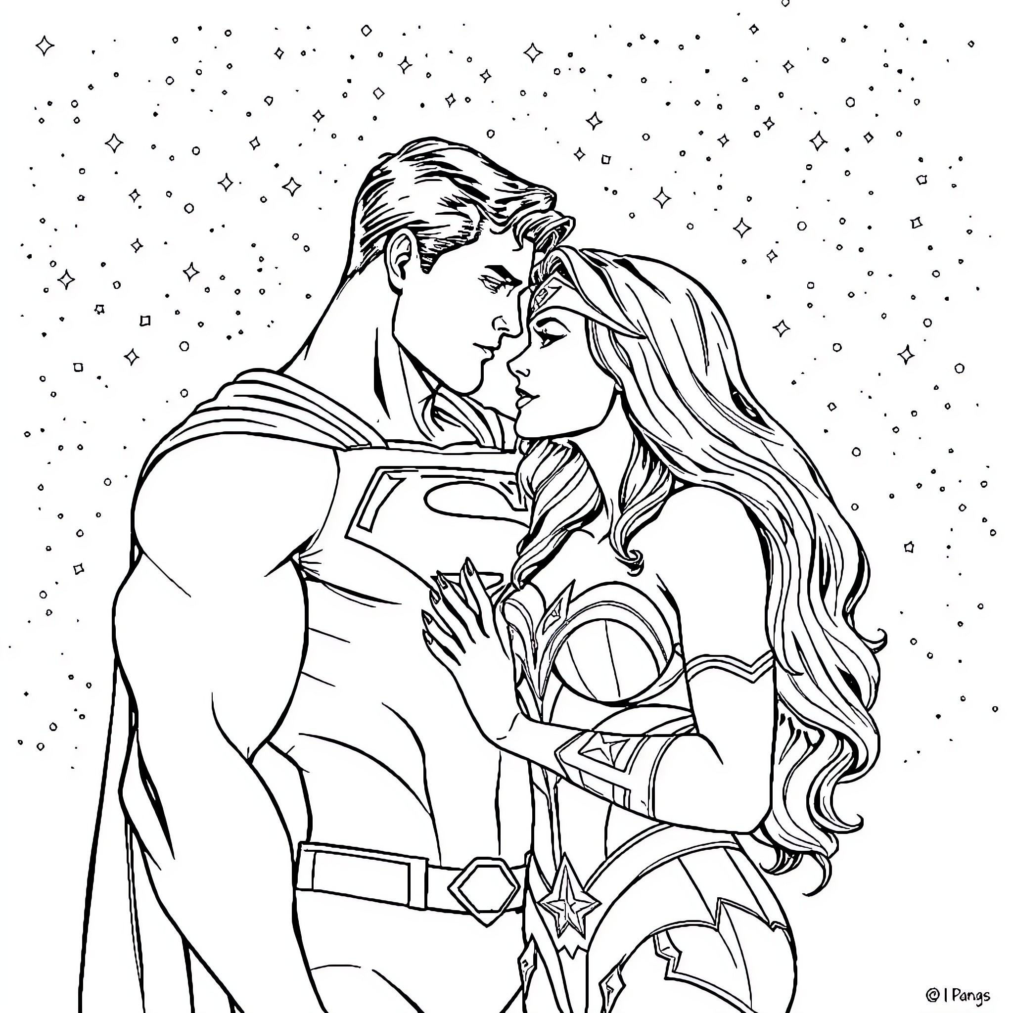 Superman and Wonder Woman in a romantic embrace Coloring Page (free black-and-white line drawing printable PDF for all, from beginners to advanced learners, including children, teens, adults, and seniors)