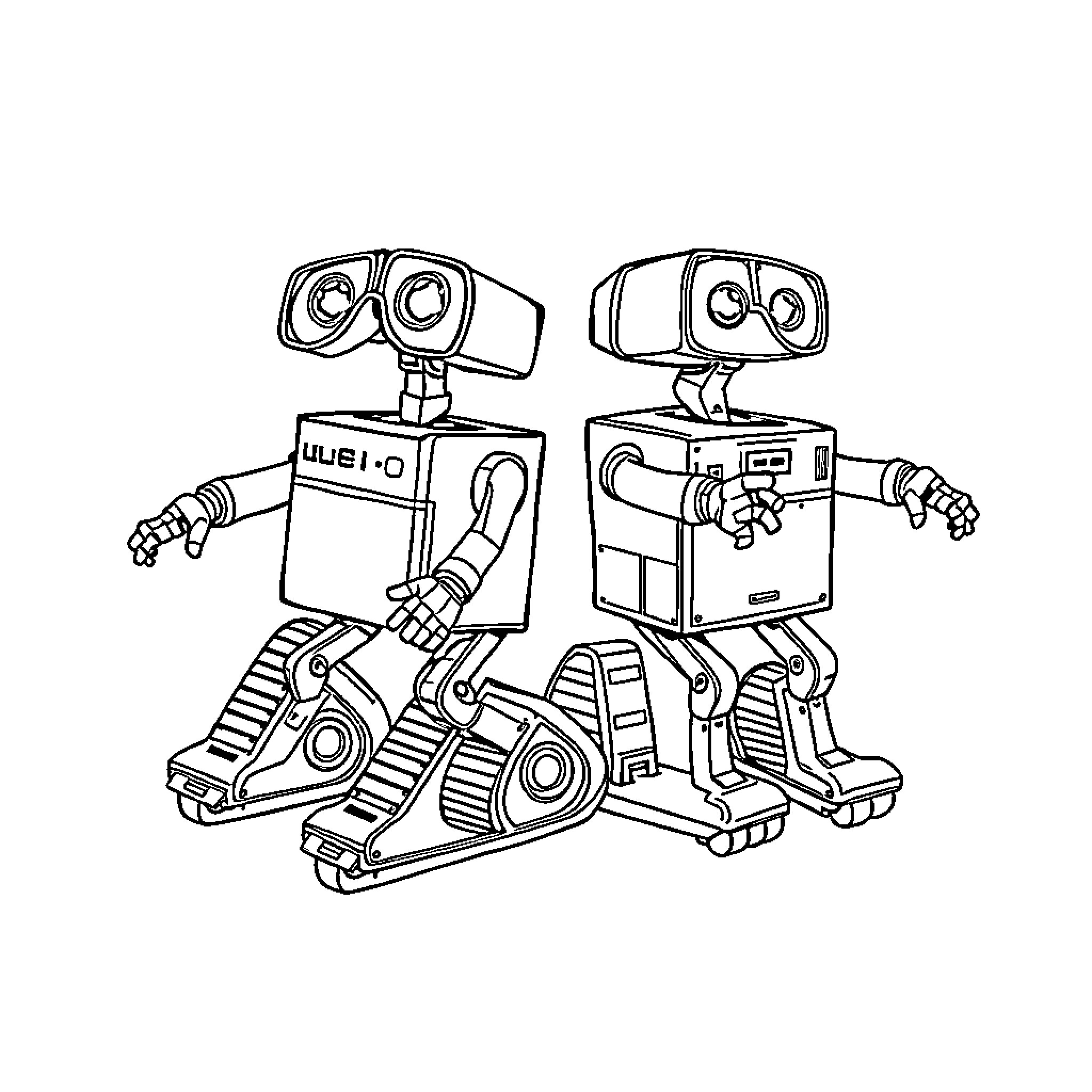 Robot companions exploring the world together Coloring Page (free black-and-white line drawing printable PDF for all, from beginners to advanced learners, including children, teens, adults, and seniors)