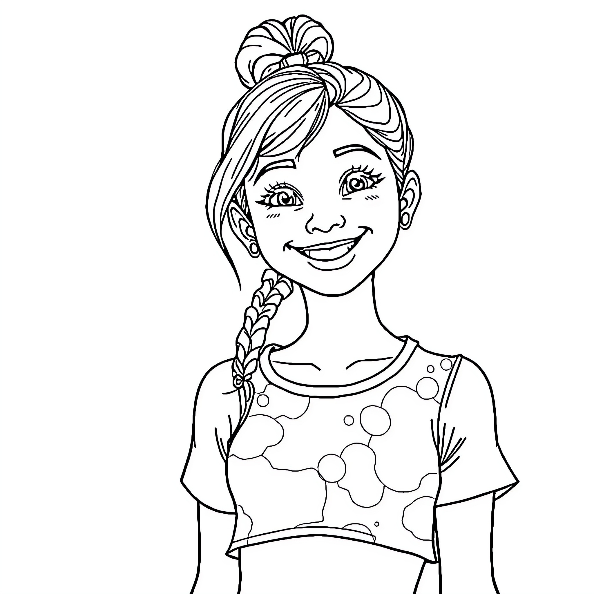 Girl with braided hairstyle and polka dot dress Coloring Page (free black-and-white line drawing printable PDF for all, from beginners to advanced learners, including children, teens, adults, and seniors)