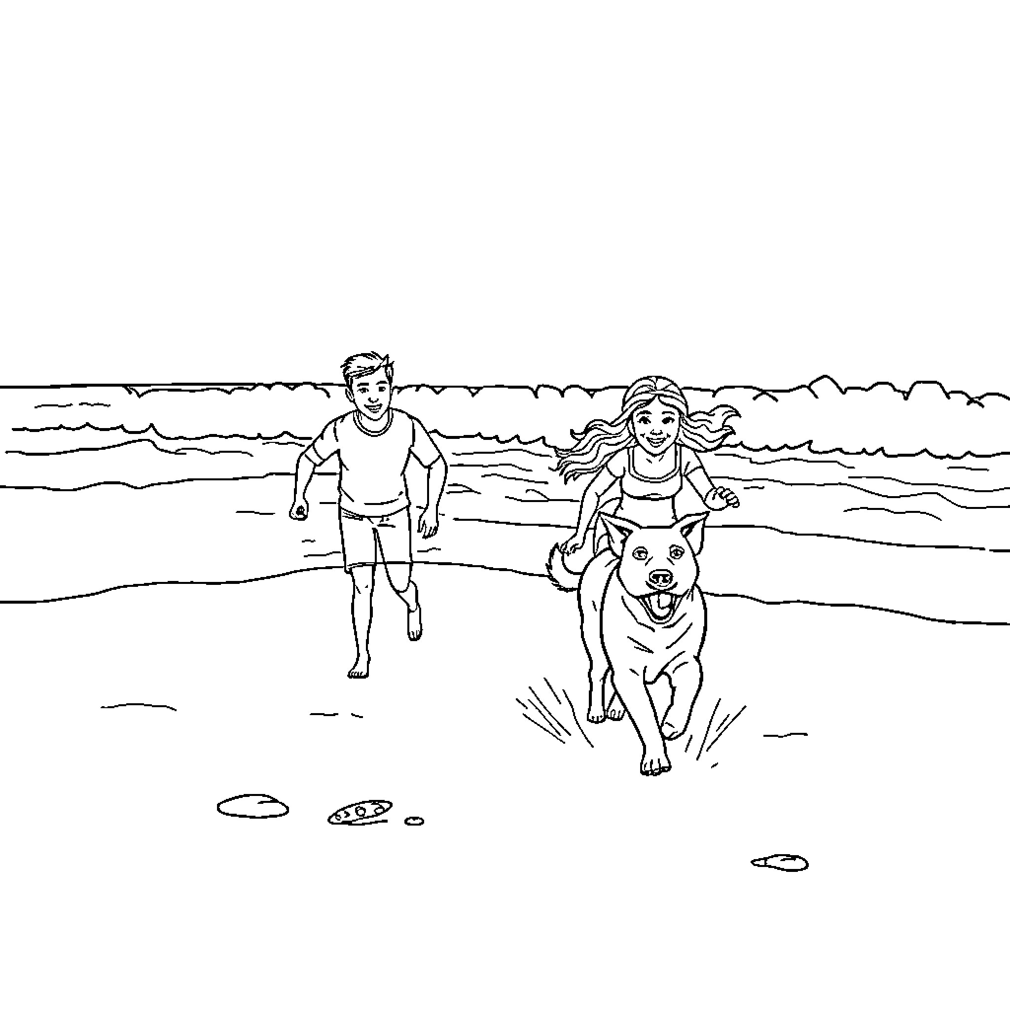 Family enjoying a day at the beach Coloring Page (free black-and-white line drawing printable PDF for all, from beginners to advanced learners, including children, teens, adults, and seniors)