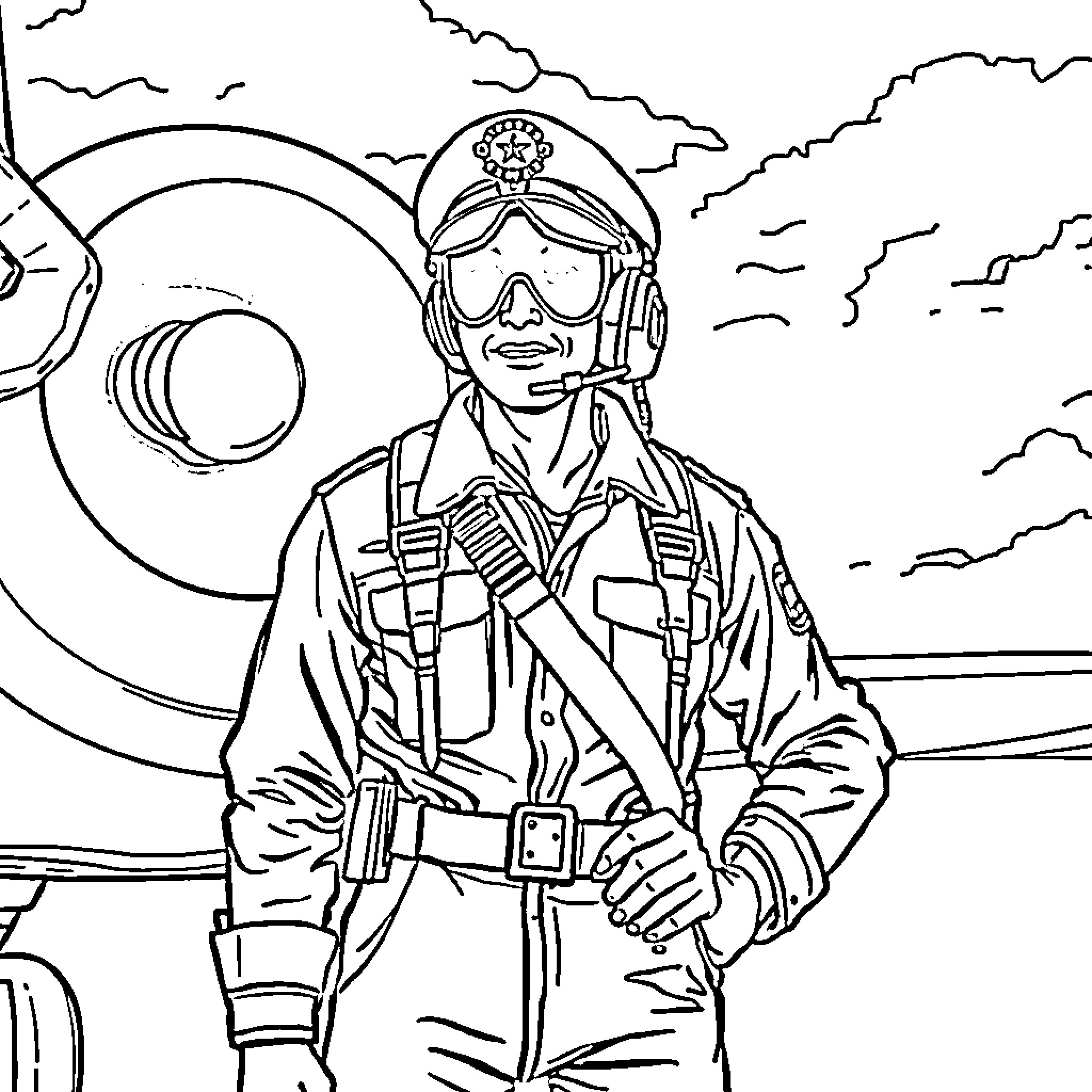 Pilote in action with gear and equipment Coloring Page (free black-and-white line drawing printable PDF for all, from beginners to advanced learners, including children, teens, adults, and seniors)
