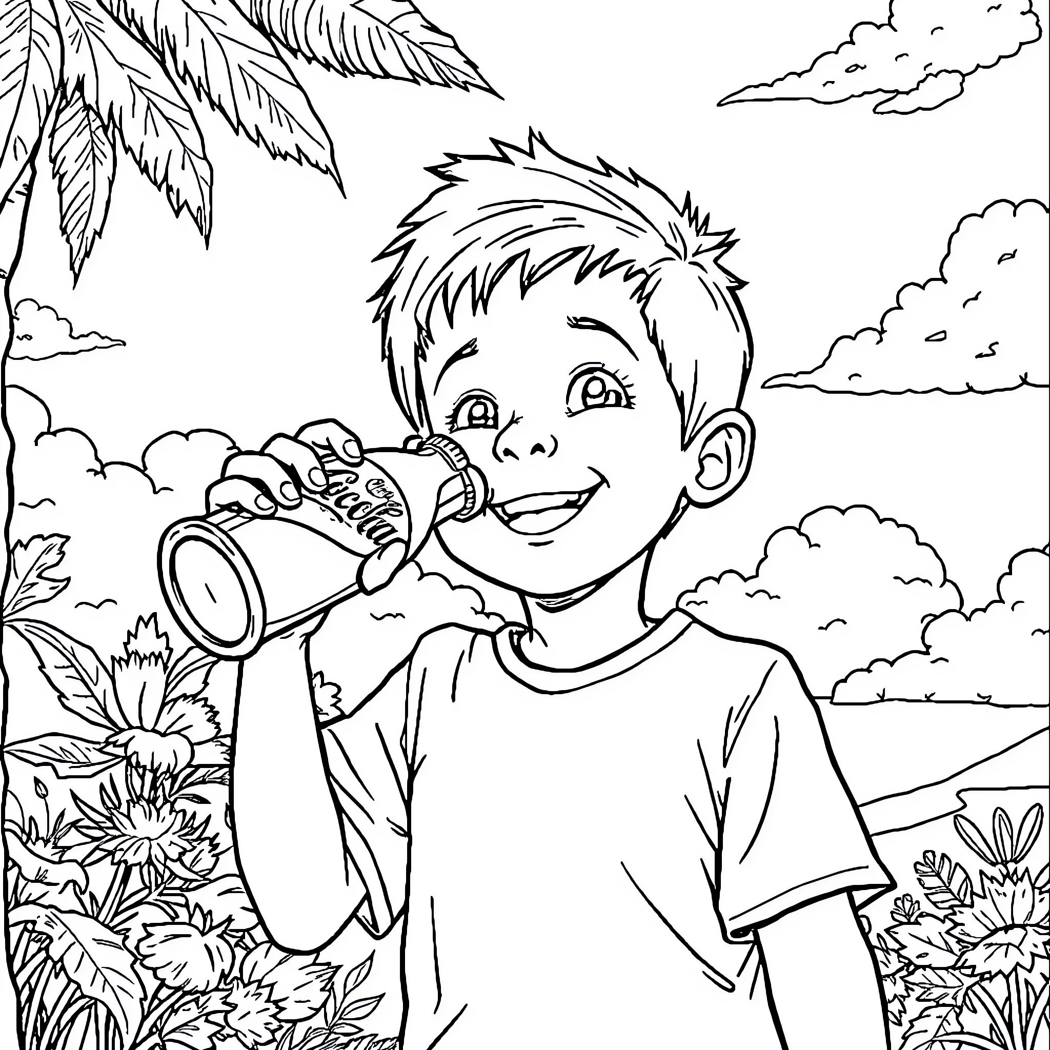 Child exploring nature with magnifying glass Coloring Page (free black-and-white line drawing printable PDF for all, from beginners to advanced learners, including children, teens, adults, and seniors)