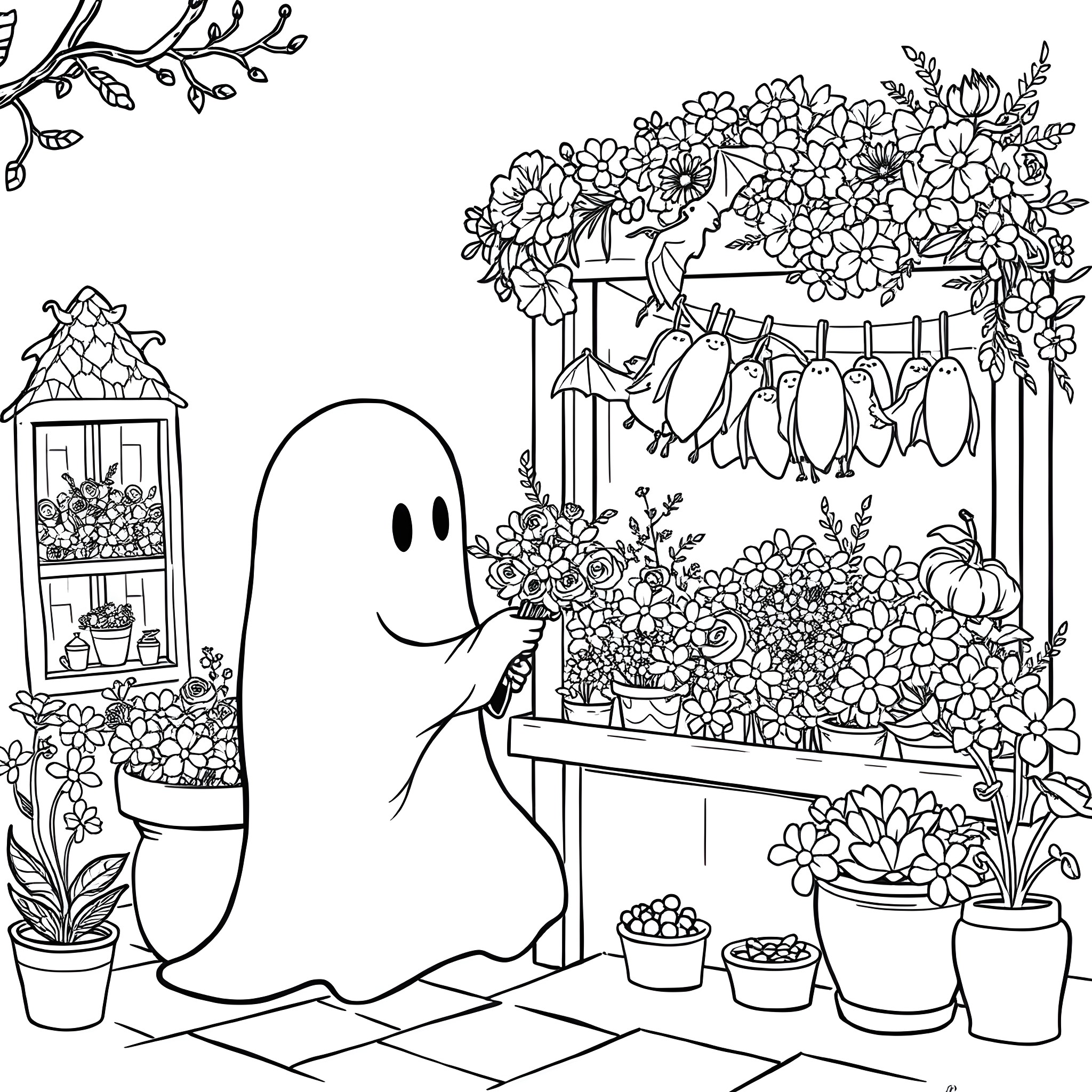 Ghost tending to a thriving floral display Coloring Page (free black-and-white line drawing printable PDF for all, from beginners to advanced learners, including children, teens, adults, and seniors)
