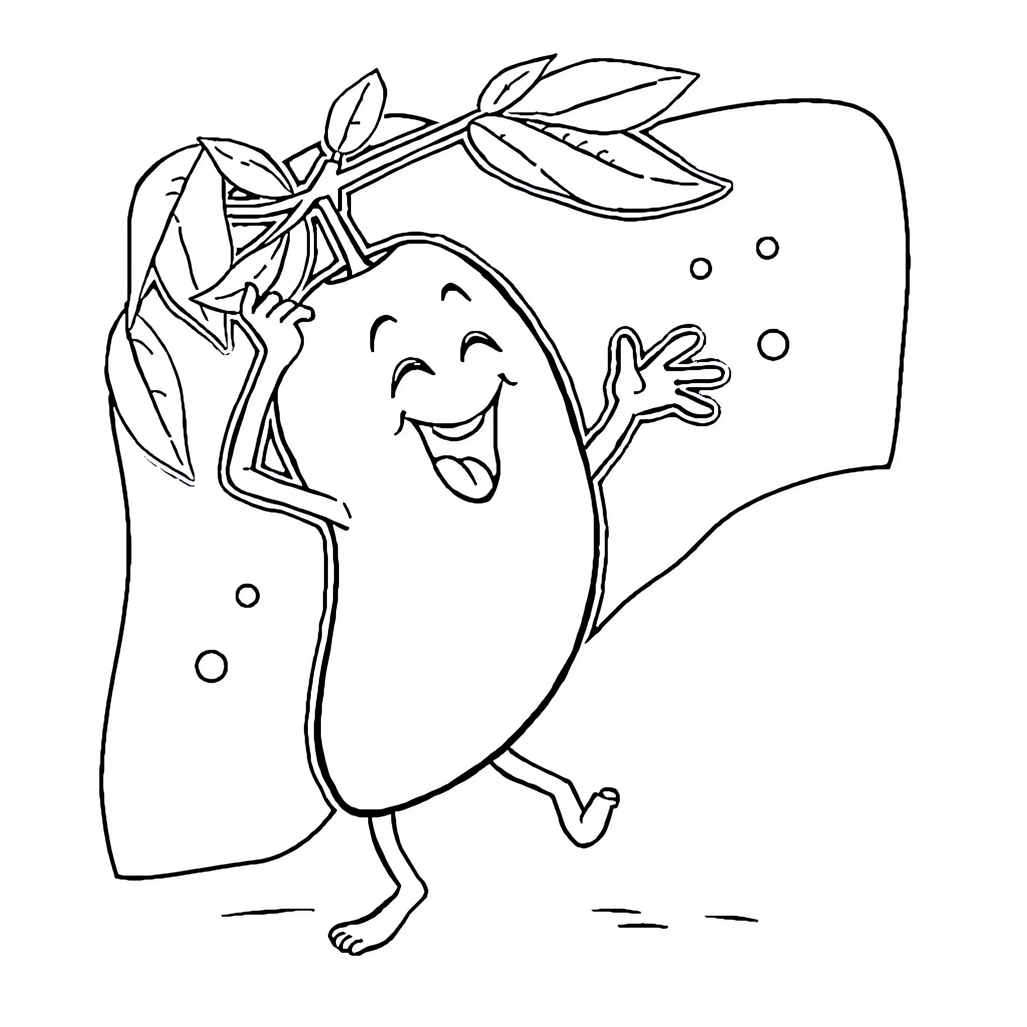 Mango dancing happily with leaves Coloring Page (free black-and-white line drawing printable PDF for all, from beginners to advanced learners, including children, teens, adults, and seniors)