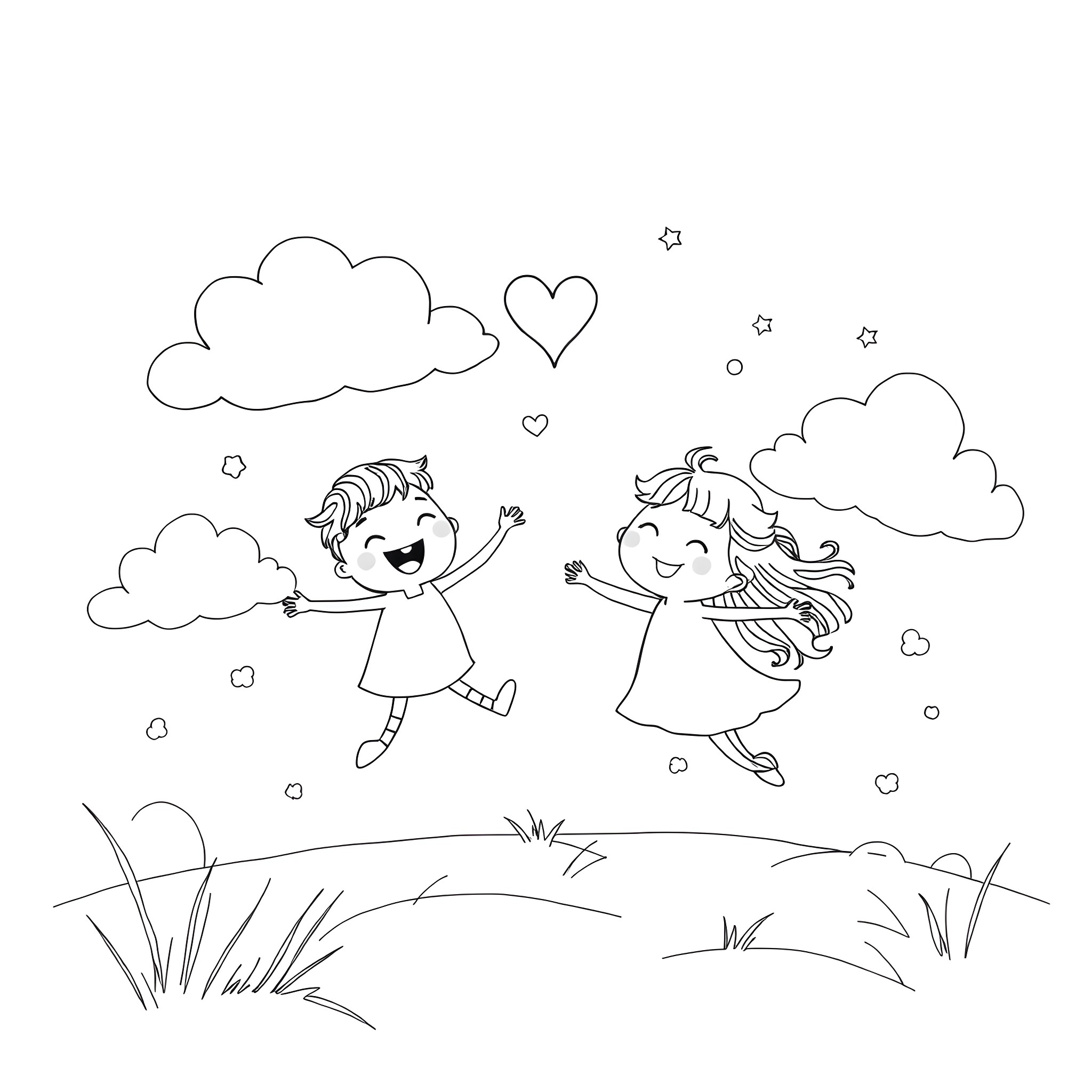 Girl and Boy Happily Playing in the Park Coloring Page (free black-and-white line drawing printable PDF for all, from beginners to advanced learners, including children, teens, adults, and seniors)