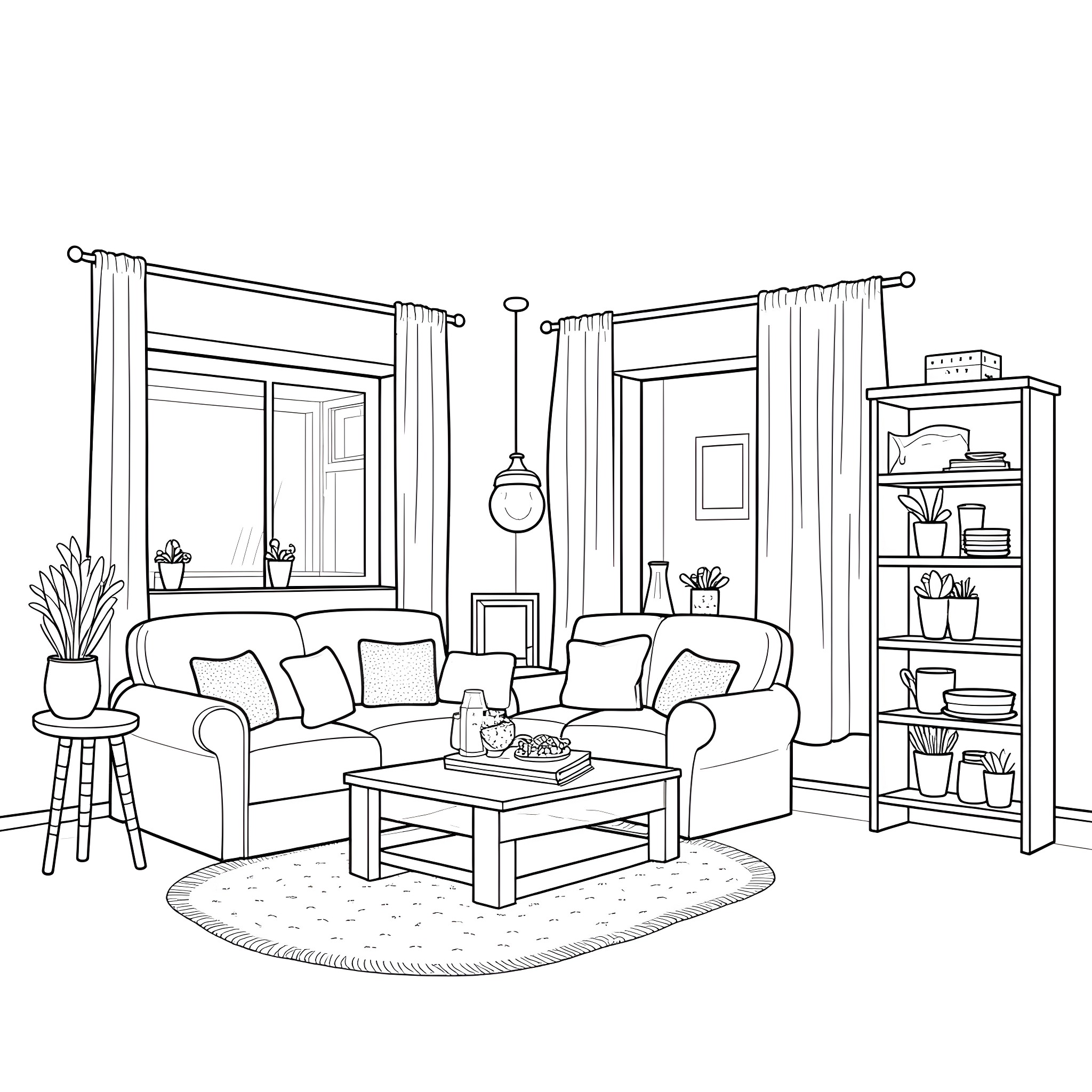 Homewav: Cozy Living Room Illustration Coloring Page (free black-and-white line drawing printable PDF for all, from beginners to advanced learners, including children, teens, adults, and seniors)