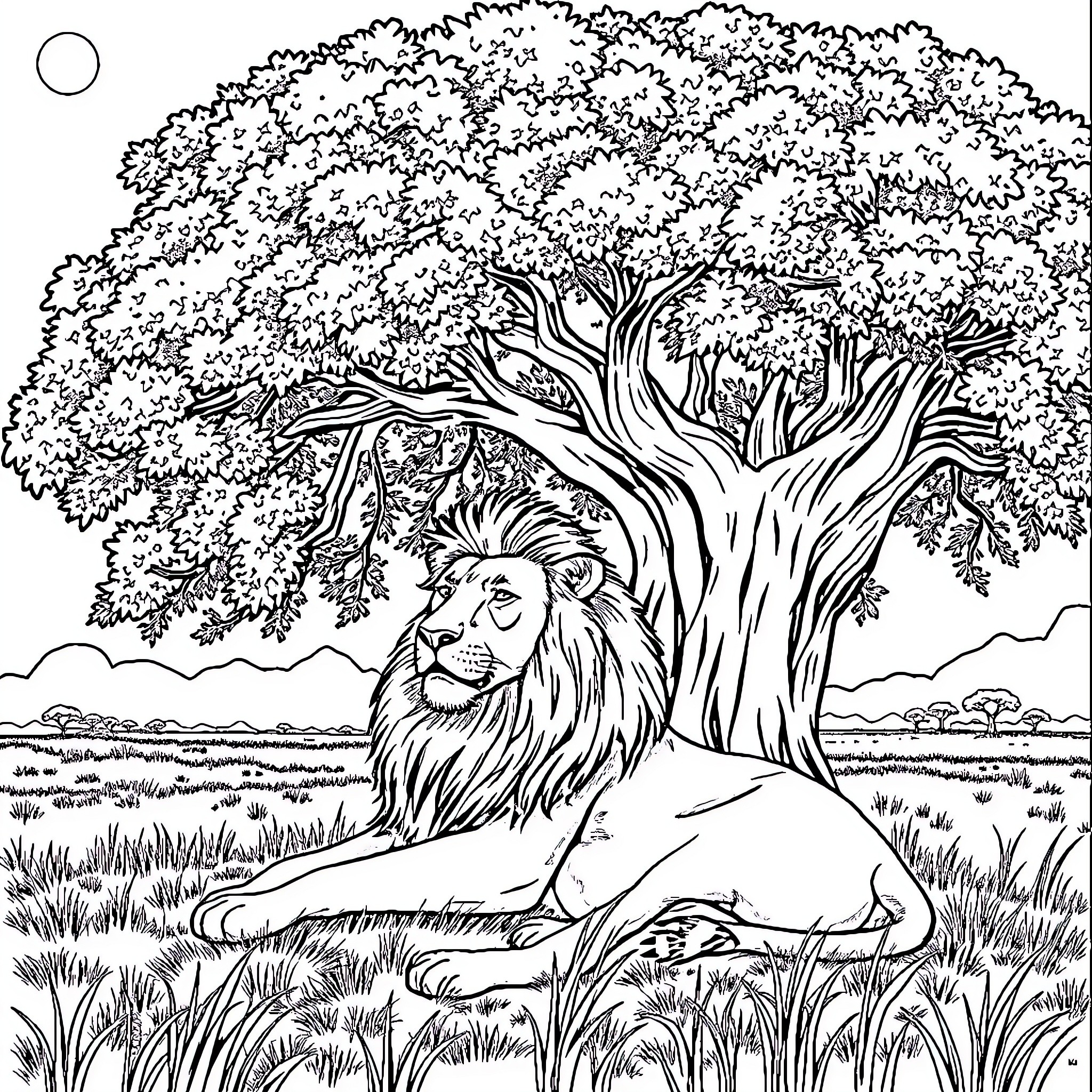Lion relaxing under a majestic tree Coloring Page (free black-and-white line drawing printable PDF for all, from beginners to advanced learners, including children, teens, adults, and seniors)