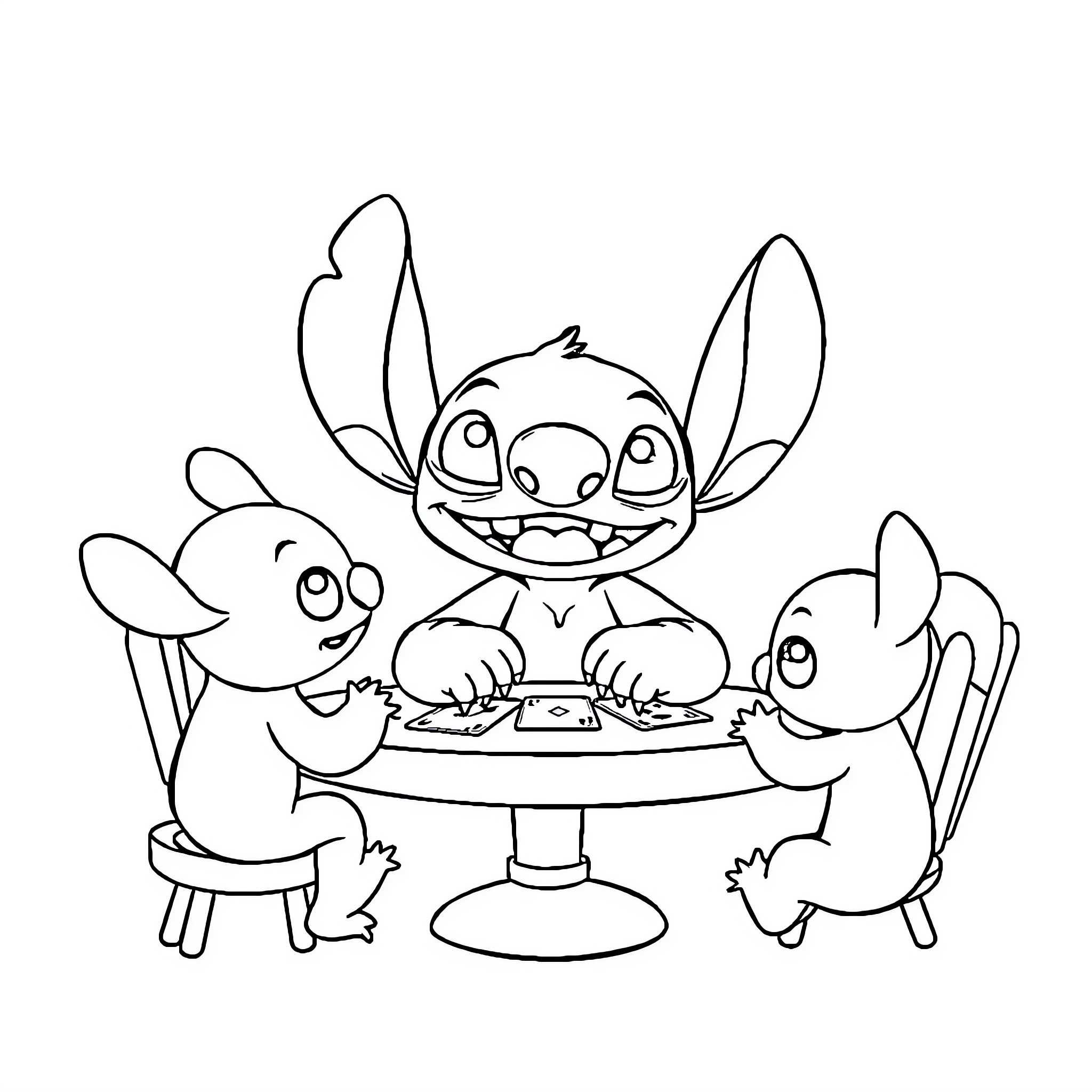 Stitch and friends enjoying a meal together Coloring Page (free black-and-white line drawing printable PDF for all, from beginners to advanced learners, including children, teens, adults, and seniors)