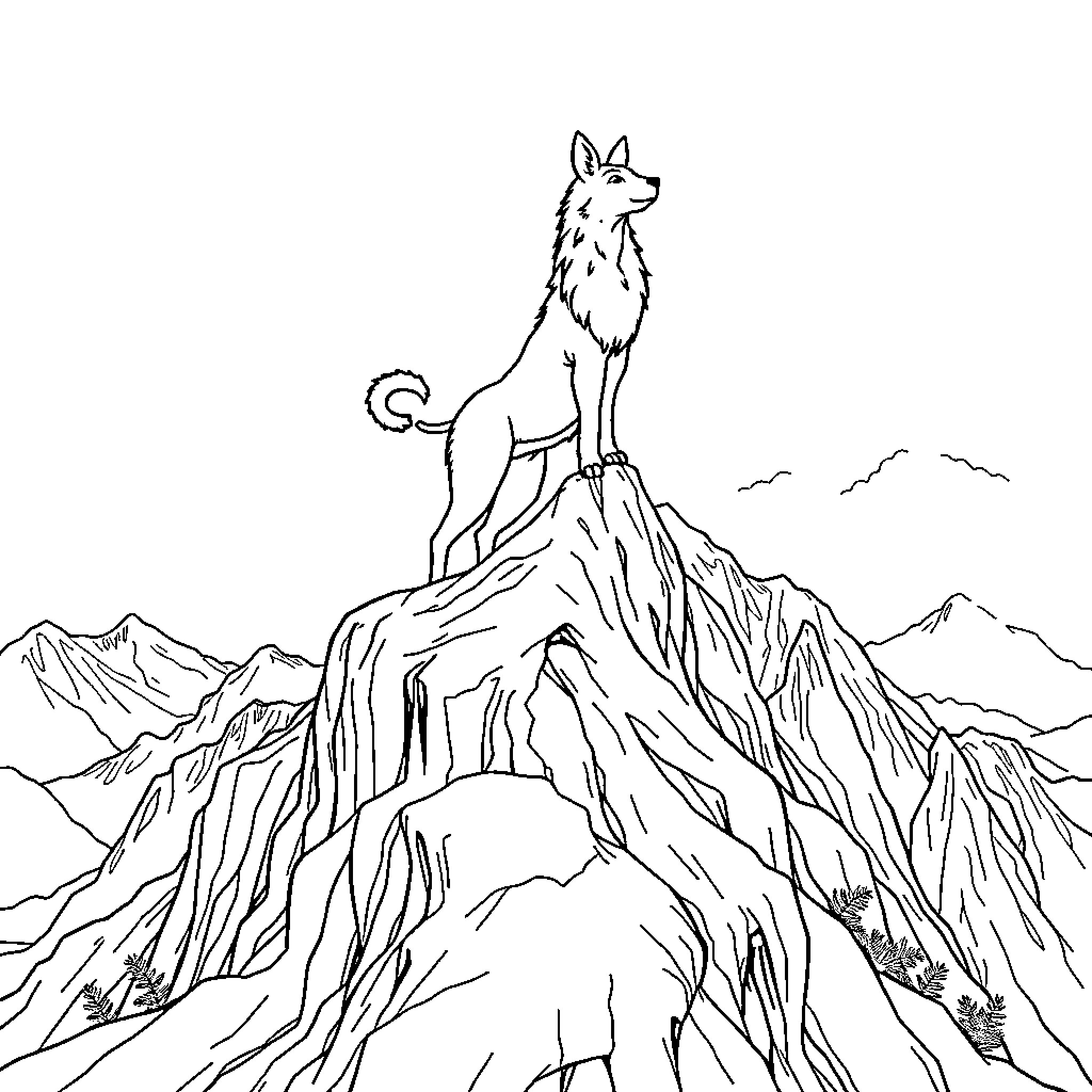 Lubu the Lone Wolf Atop the Rugged Mountains Coloring Page (free black-and-white line drawing printable PDF for all, from beginners to advanced learners, including children, teens, adults, and seniors)