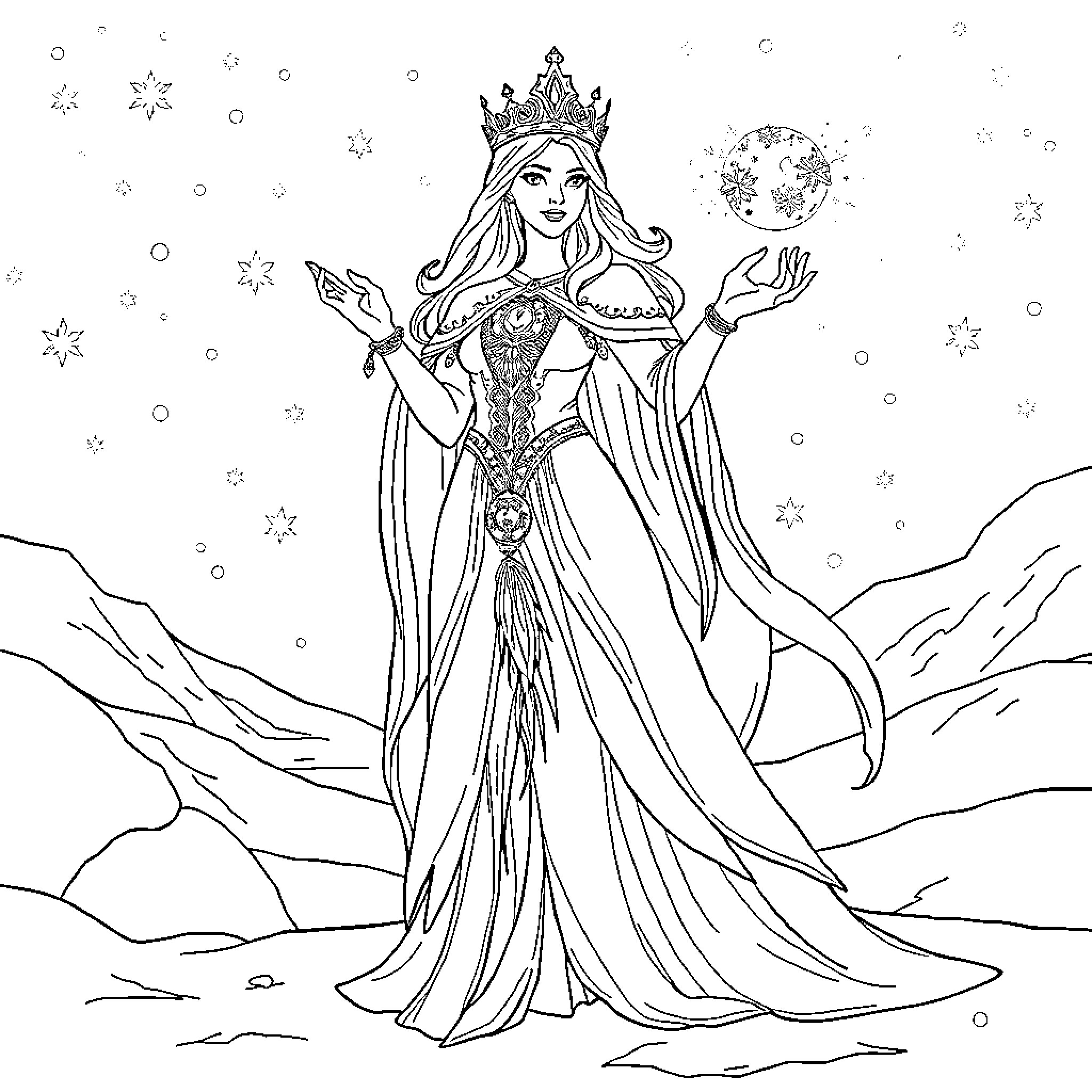 Snow Queen wielding magical powers in a winter wonderland Coloring Page (free black-and-white line drawing printable PDF for all, from beginners to advanced learners, including children, teens, adults, and seniors)