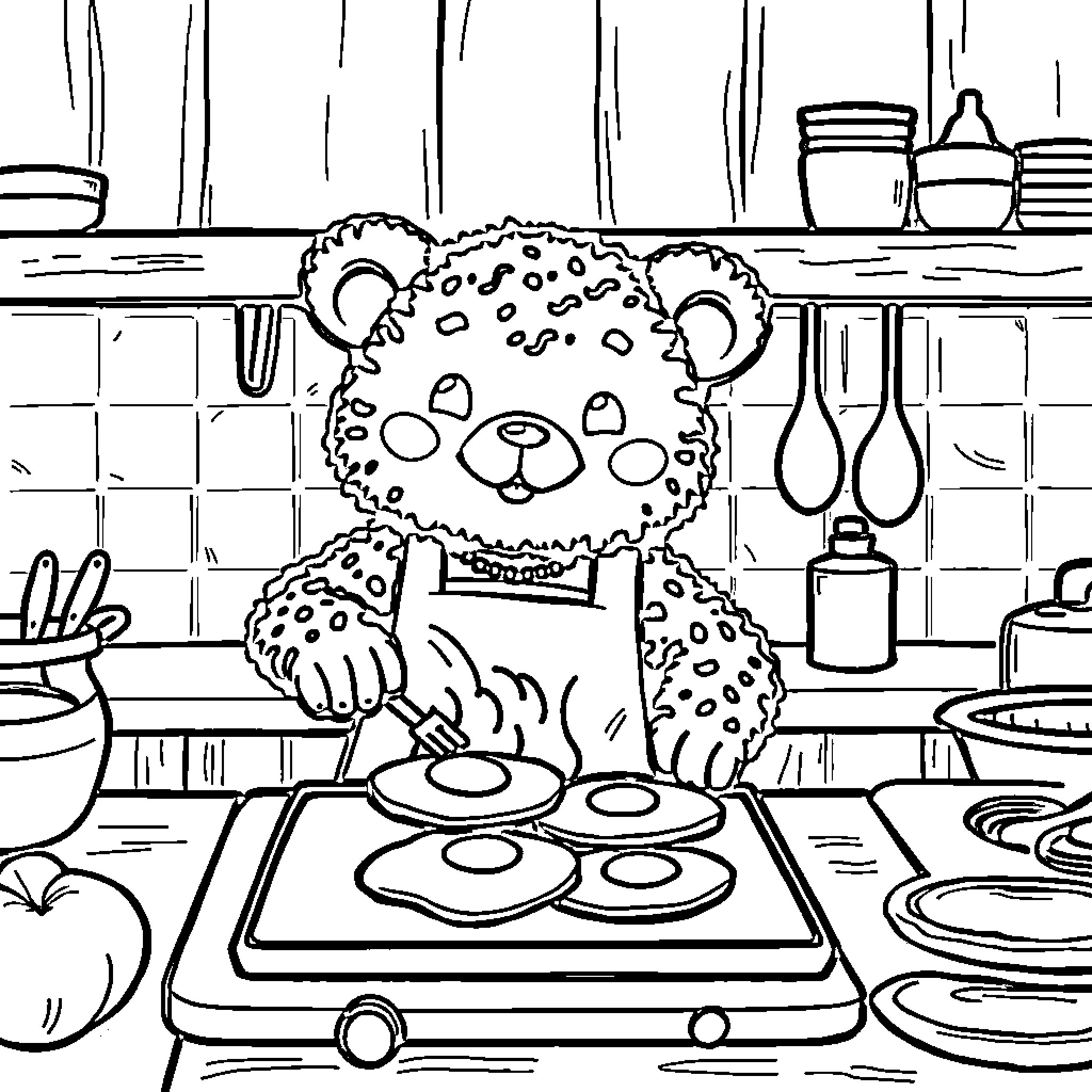 Labubu cooking joyfully in the kitchen Coloring Page (free black-and-white line drawing printable PDF for all, from beginners to advanced learners, including children, teens, adults, and seniors)
