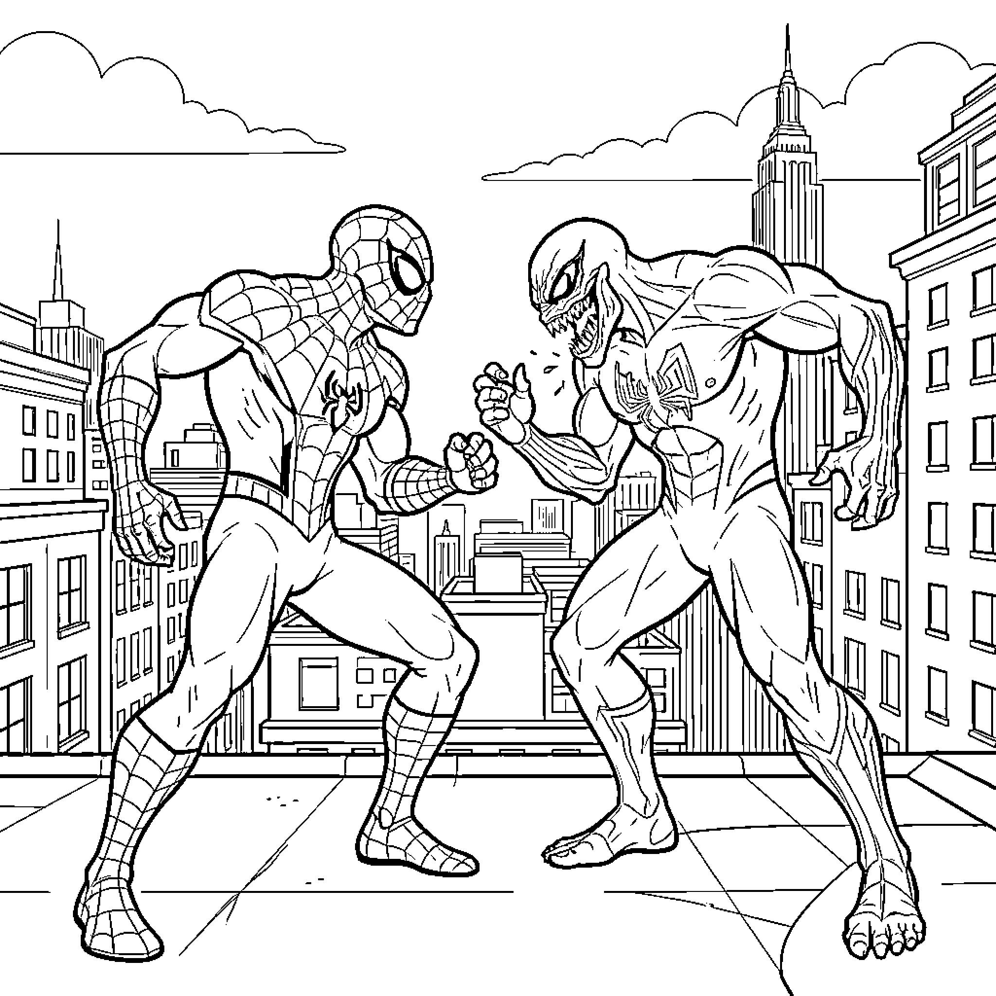 Spiderman battling a muscular villain on a city rooftop Coloring Page (free black-and-white line drawing printable PDF for all, from beginners to advanced learners, including children, teens, adults, and seniors)