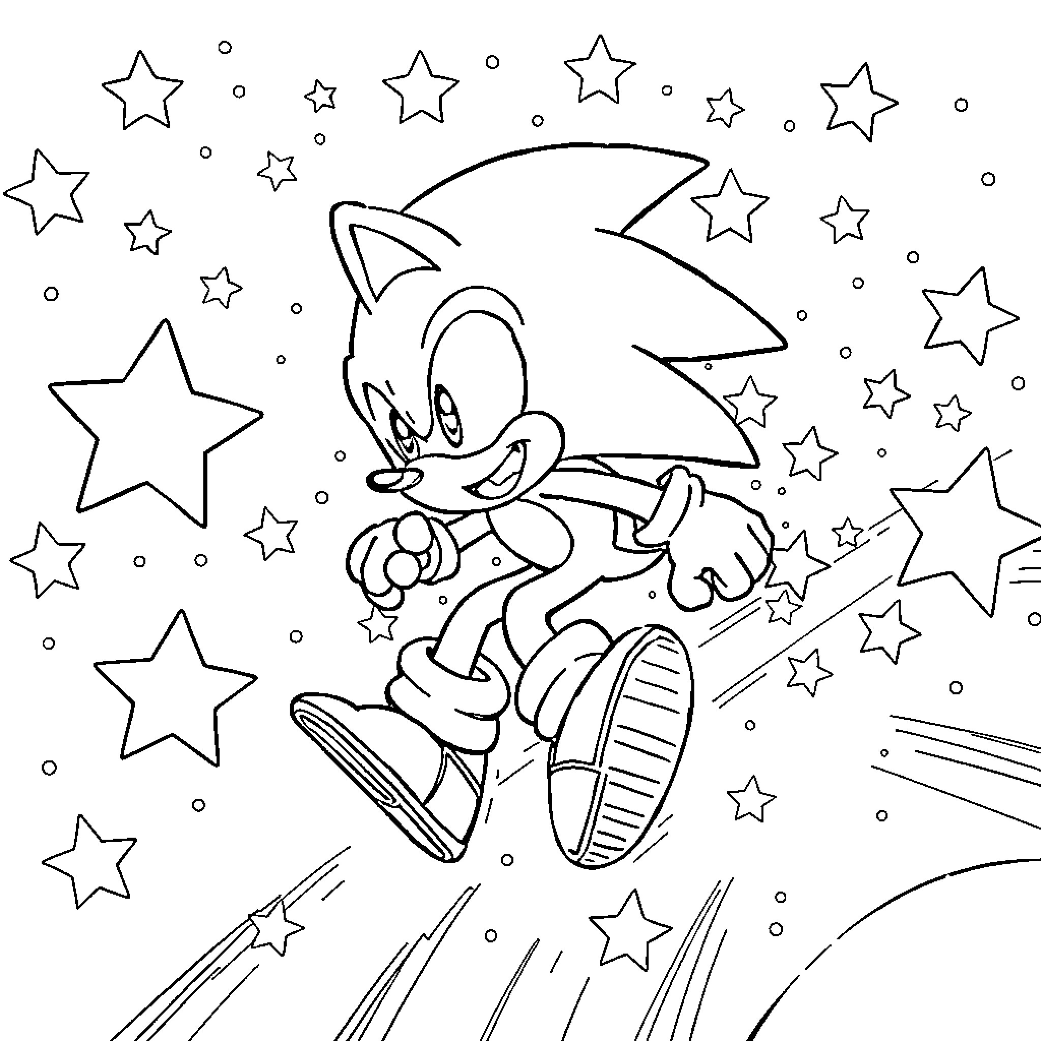 Sonic dashing through a starry night sky Coloring Page (free black-and-white line drawing printable PDF for all, from beginners to advanced learners, including children, teens, adults, and seniors)