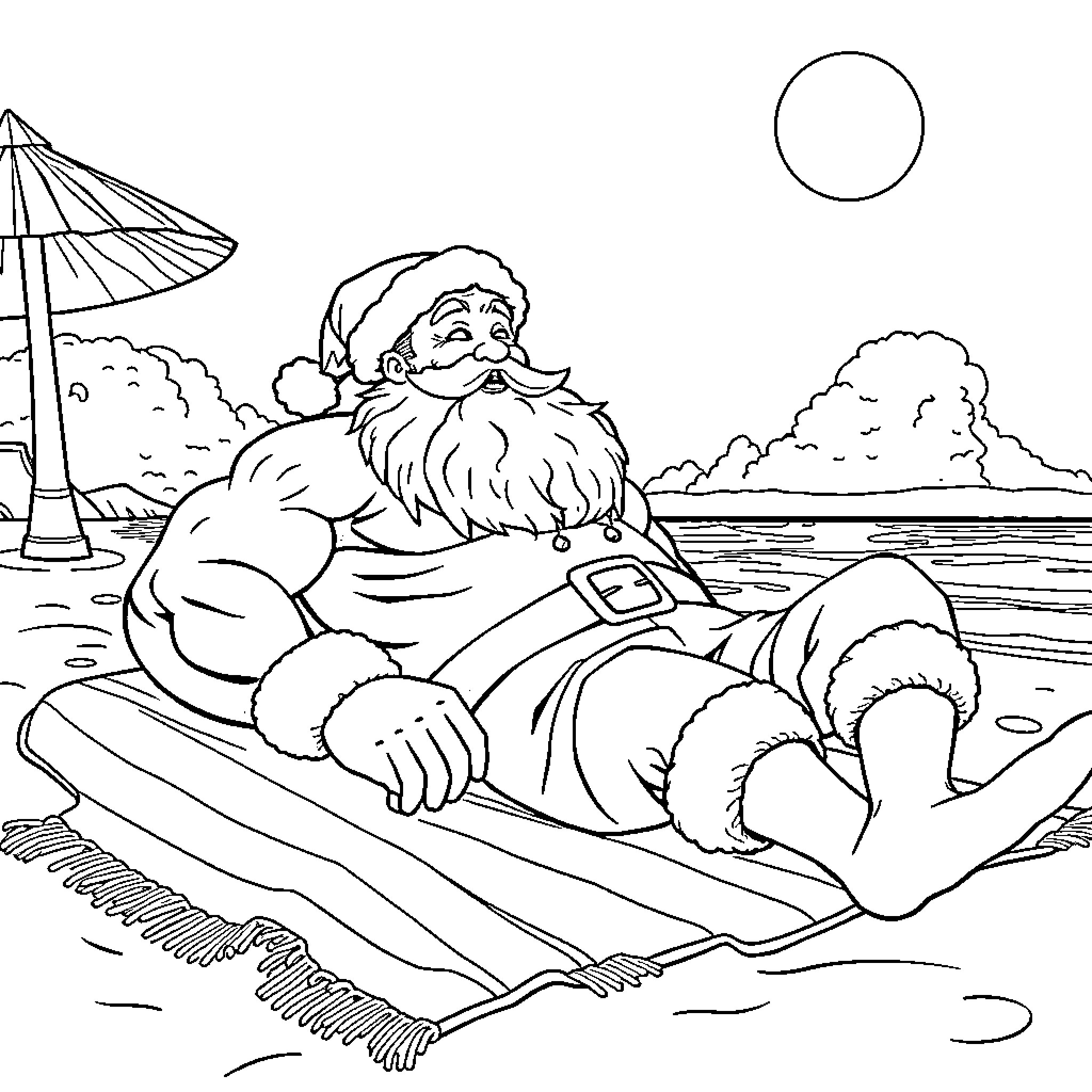 Santa relaxing on a beach with a tropical setting Coloring Page (free black-and-white line drawing printable PDF for all, from beginners to advanced learners, including children, teens, adults, and seniors)