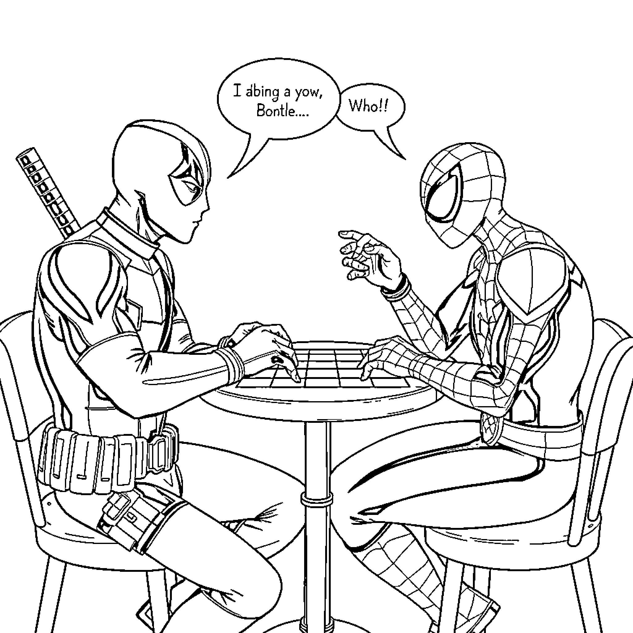 Deadpool and Spiderman engage in playful banter Coloring Page (free black-and-white line drawing printable PDF for all, from beginners to advanced learners, including children, teens, adults, and seniors)