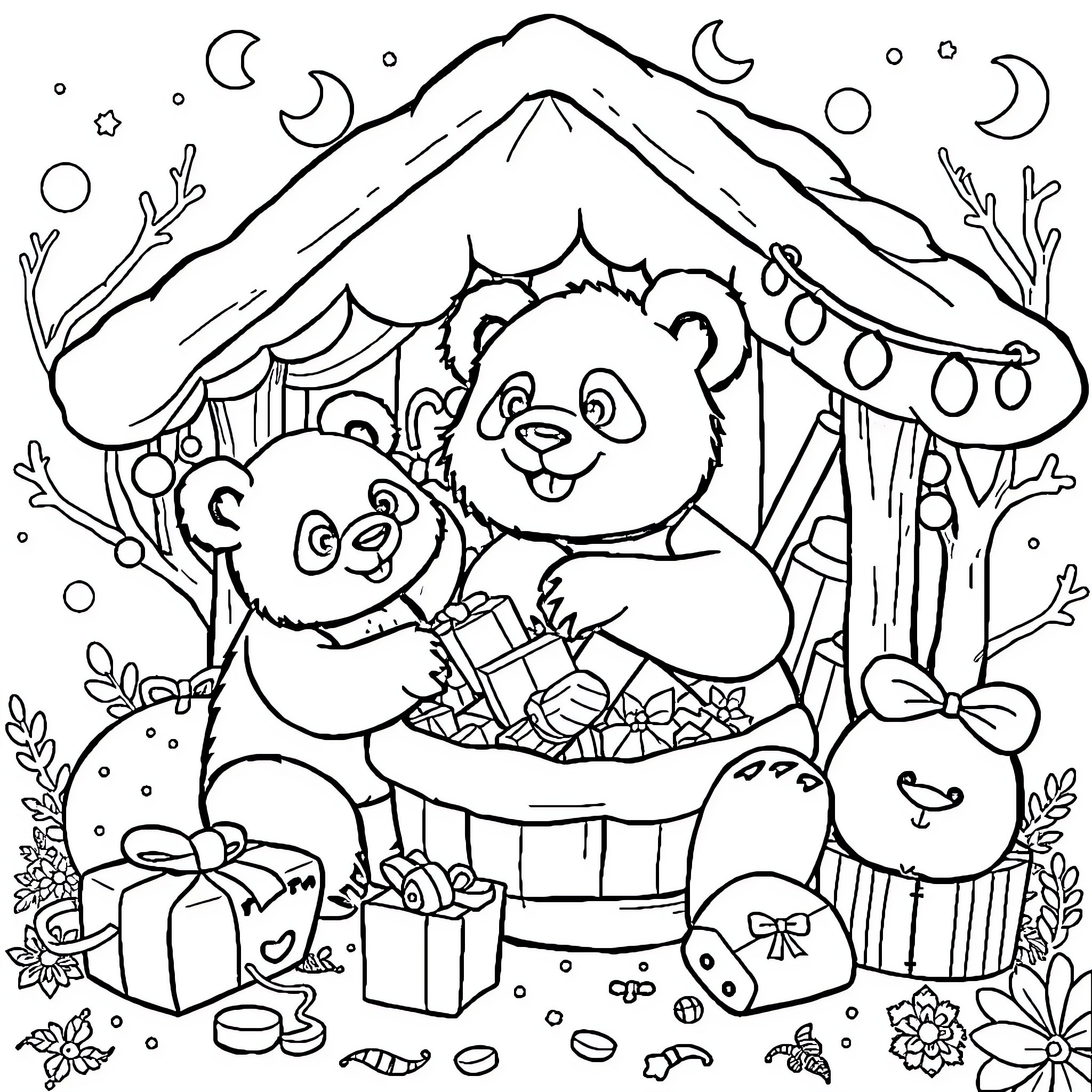Panda Family Celebrating Christmas in the Forest Coloring Page (free black-and-white line drawing printable PDF for all, from beginners to advanced learners, including children, teens, adults, and seniors)