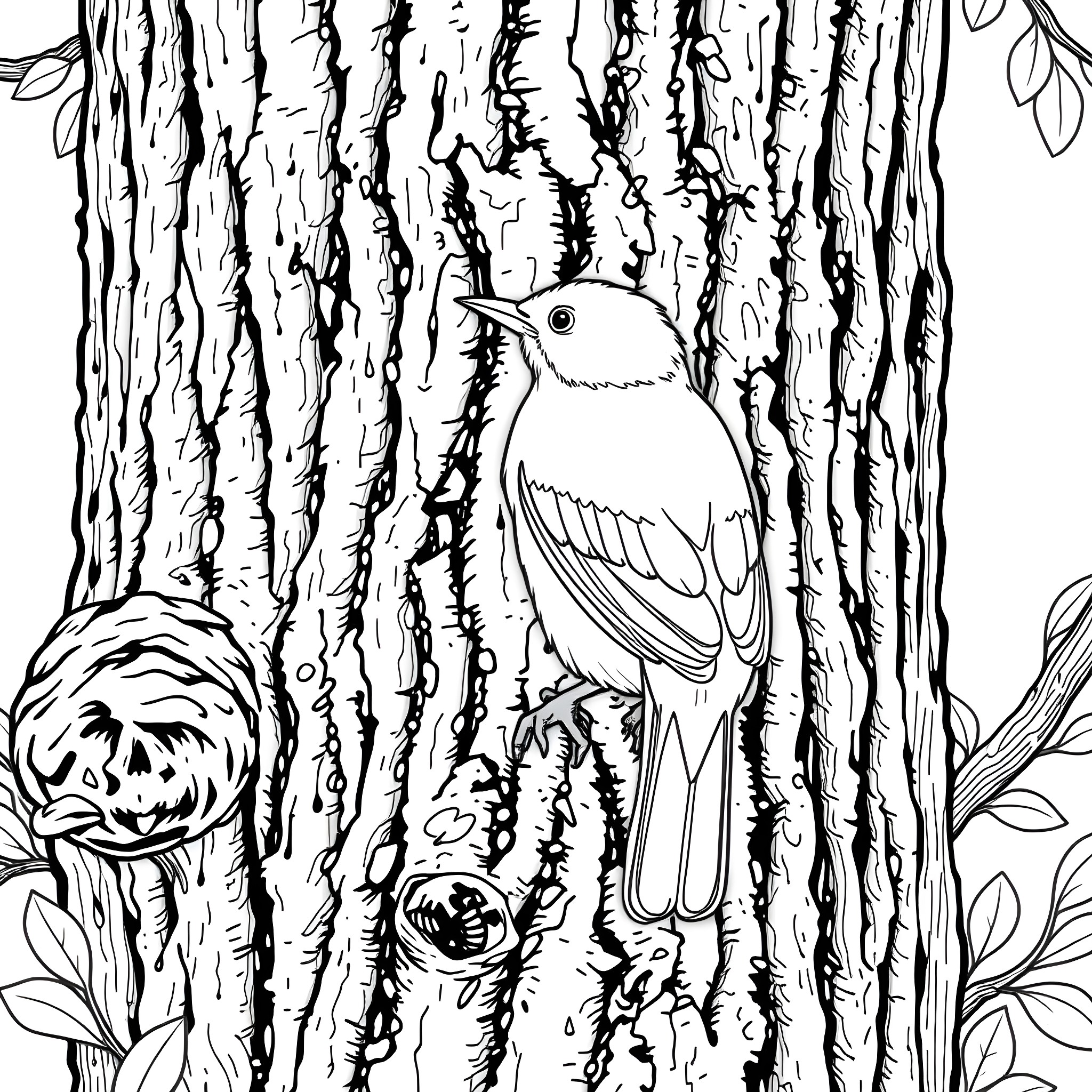 Honeycreeper perched on a tree Coloring Page (free black-and-white line drawing printable PDF for all, from beginners to advanced learners, including children, teens, adults, and seniors)