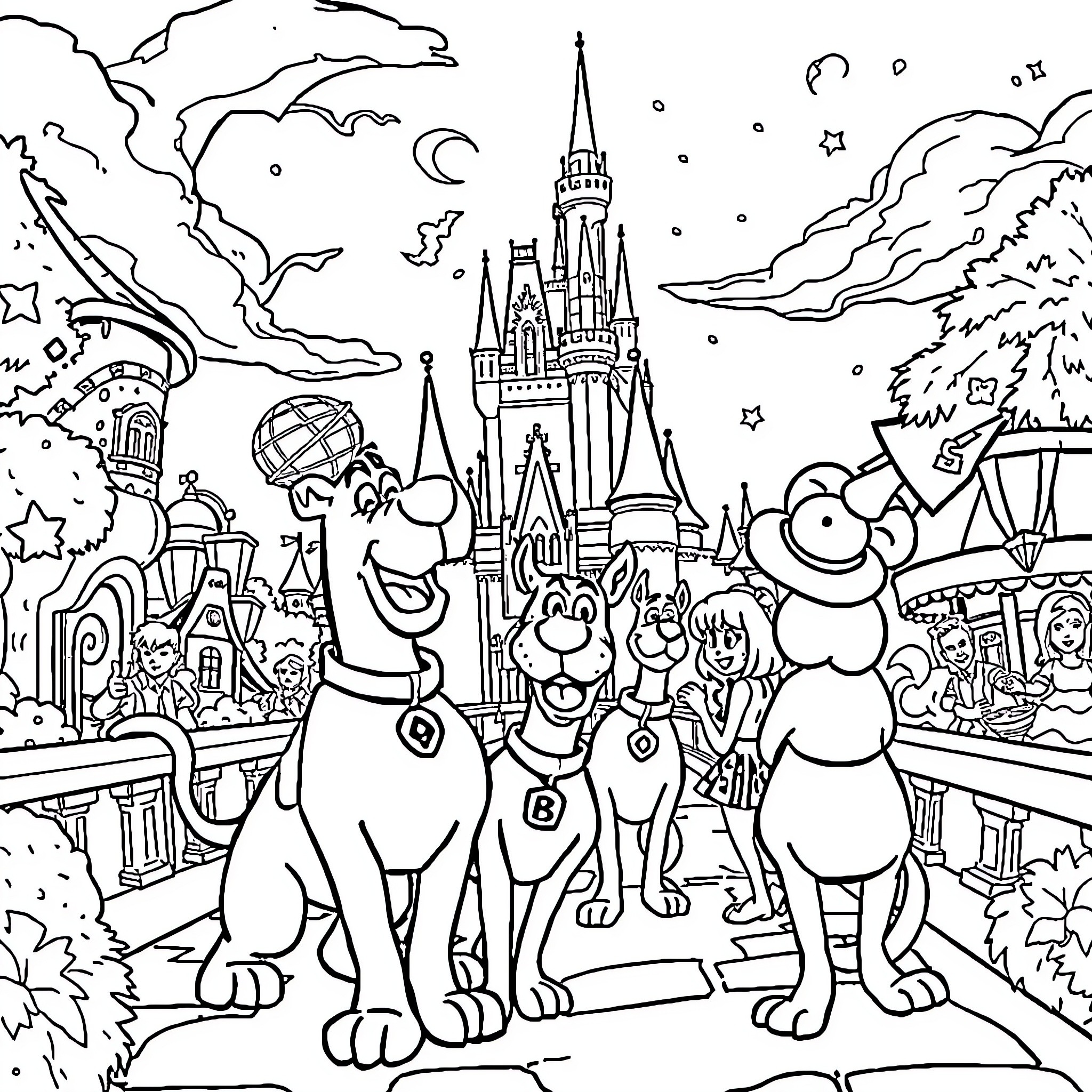 Scooby Doo and friends explore magical amusement park Coloring Page (free black-and-white line drawing printable PDF for all, from beginners to advanced learners, including children, teens, adults, and seniors)