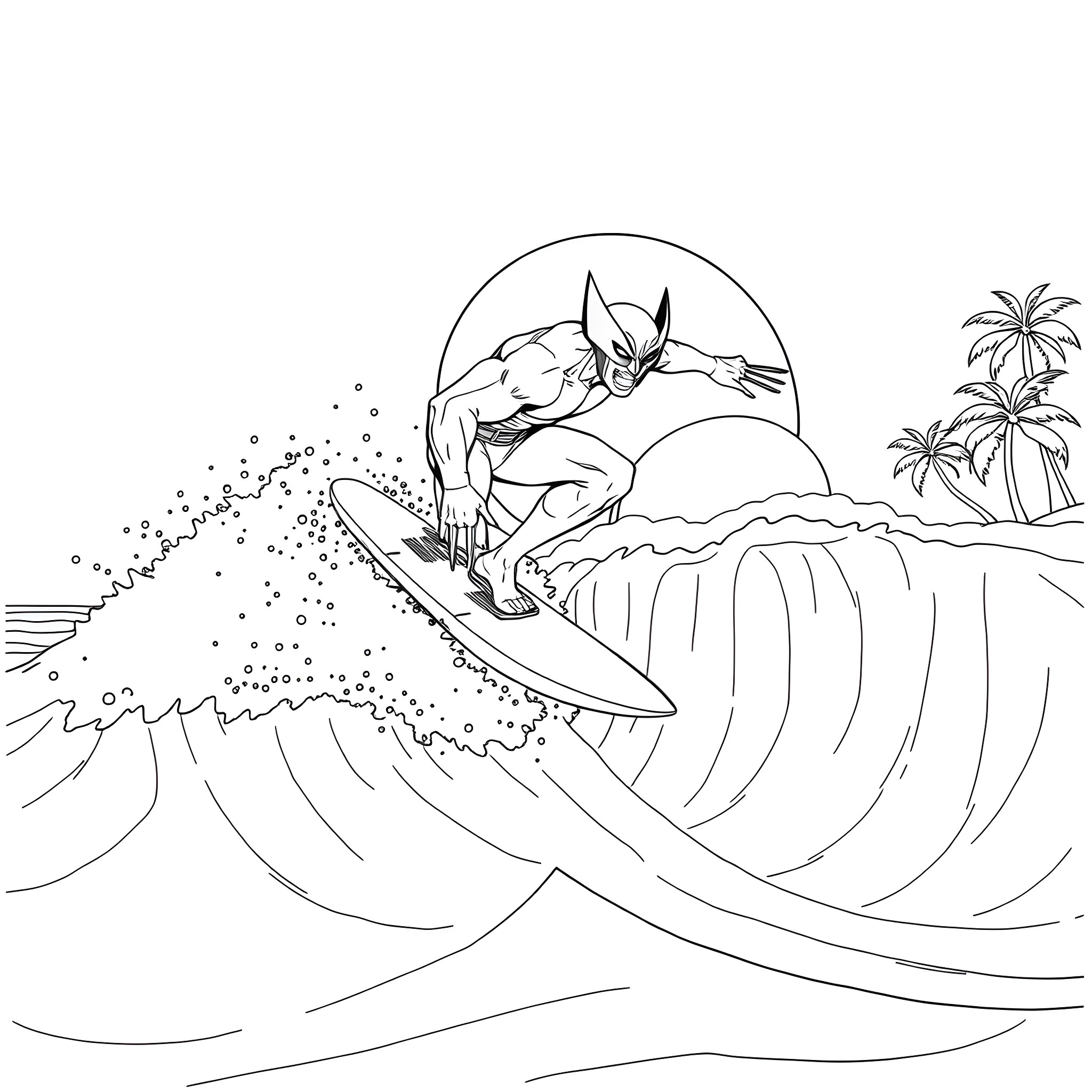 Wolverine surfing on the waves in paradise Coloring Page (free black-and-white line drawing printable PDF for all, from beginners to advanced learners, including children, teens, adults, and seniors)