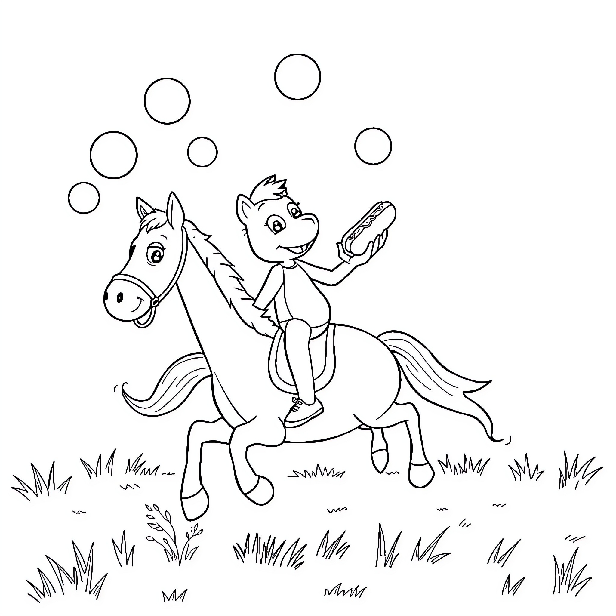 Bluey riding a horse and playing with bubbles Coloring Page (free black-and-white line drawing printable PDF for all, from beginners to advanced learners, including children, teens, adults, and seniors)