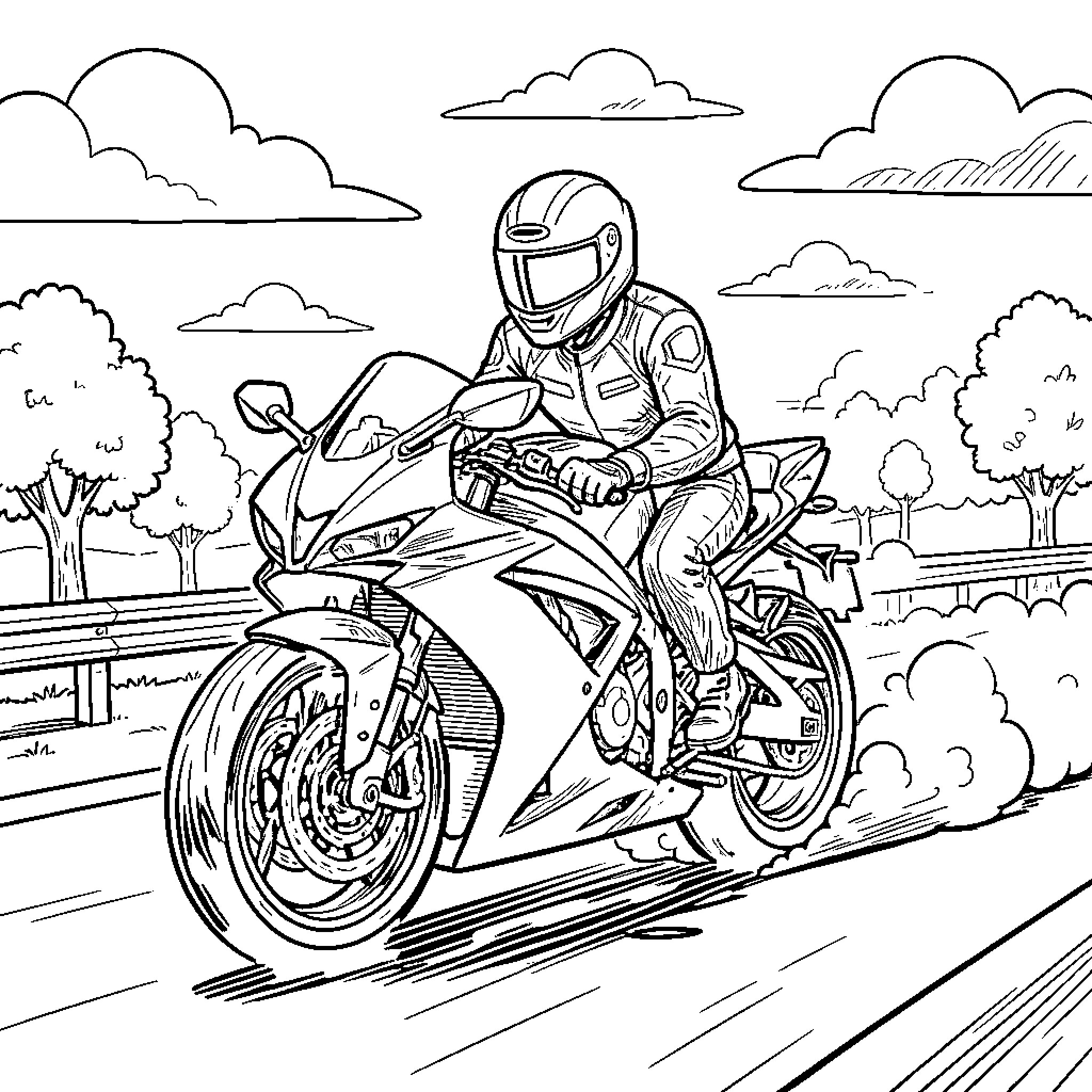 Motorista acelera sua moto em paisagem urbana Coloring Page (free black-and-white line drawing printable PDF for all, from beginners to advanced learners, including children, teens, adults, and seniors)