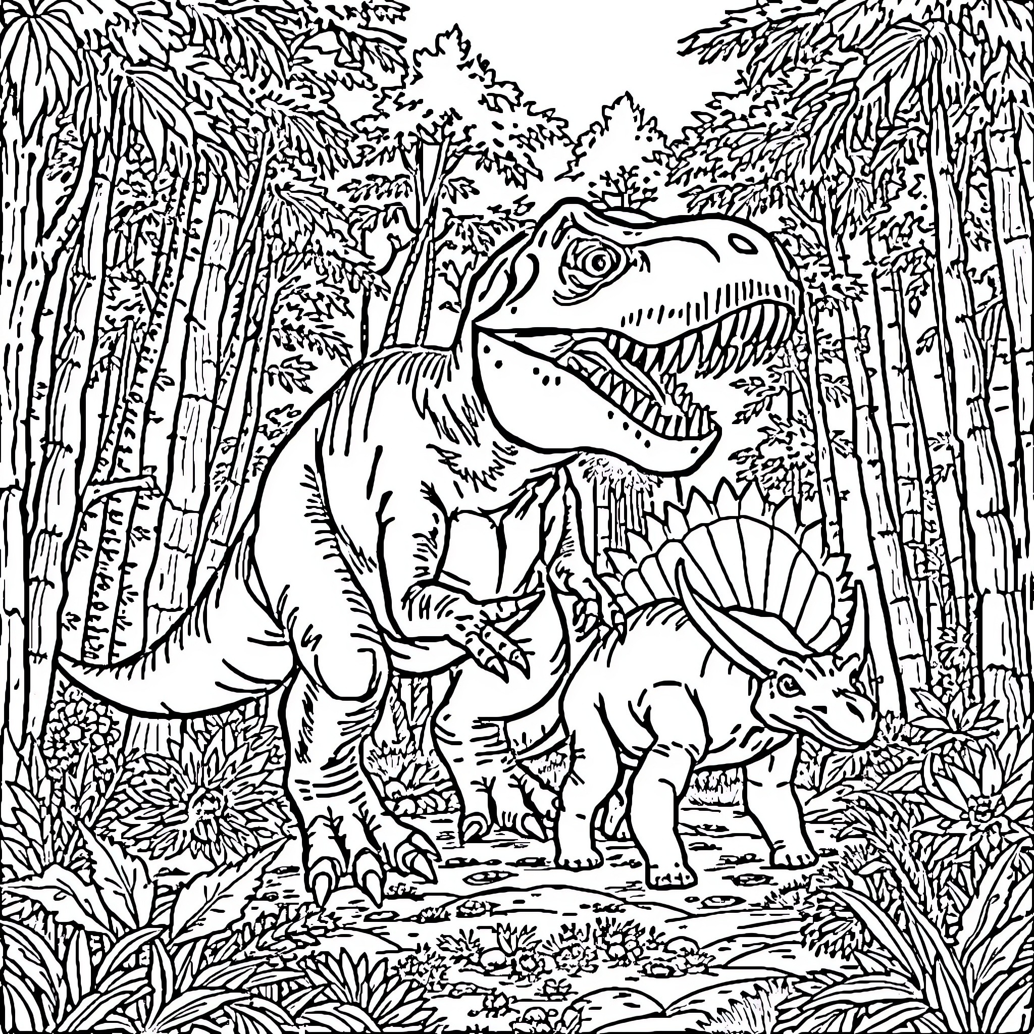 Tyrannosaurus Rex Roaming Through Prehistoric Jungle Coloring Page (free black-and-white line drawing printable PDF for all, from beginners to advanced learners, including children, teens, adults, and seniors)
