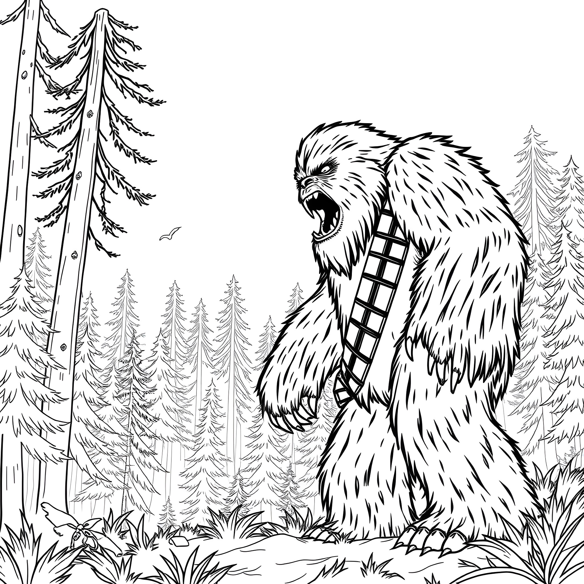 Chewbacca roaring in the wilderness Coloring Page (free black-and-white line drawing printable PDF for all, from beginners to advanced learners, including children, teens, adults, and seniors)