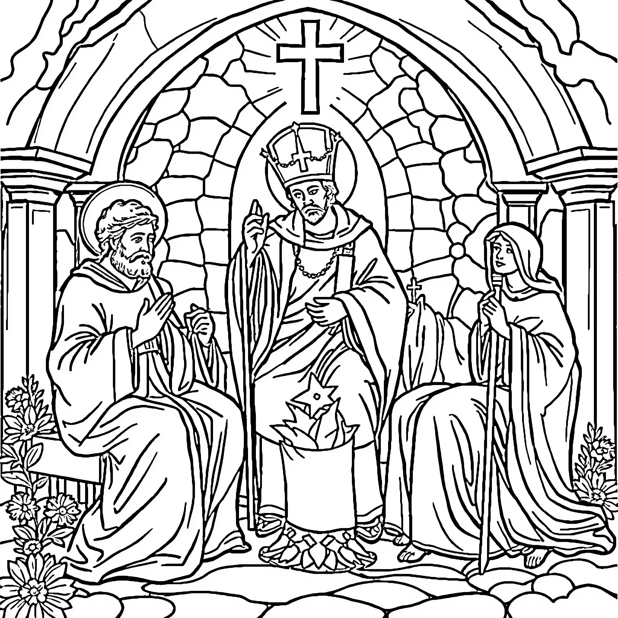 Catholic Images of Religious Figures in Formal Attire Coloring Page (free black-and-white line drawing printable PDF for all, from beginners to advanced learners, including children, teens, adults, and seniors)