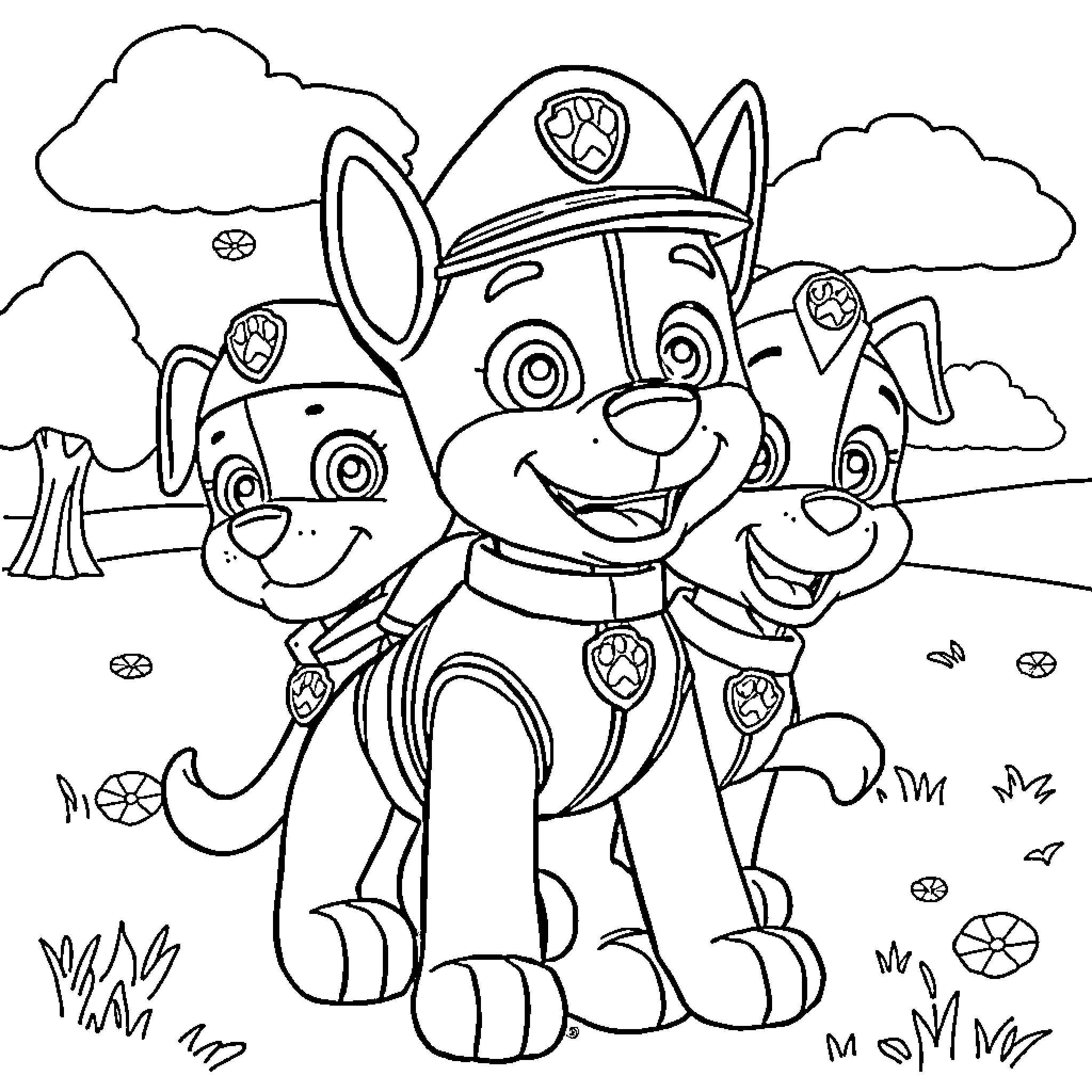 Paw Patrol Pups Smiling and Wearing Uniforms Coloring Page (free black-and-white line drawing printable PDF for all, from beginners to advanced learners, including children, teens, adults, and seniors)