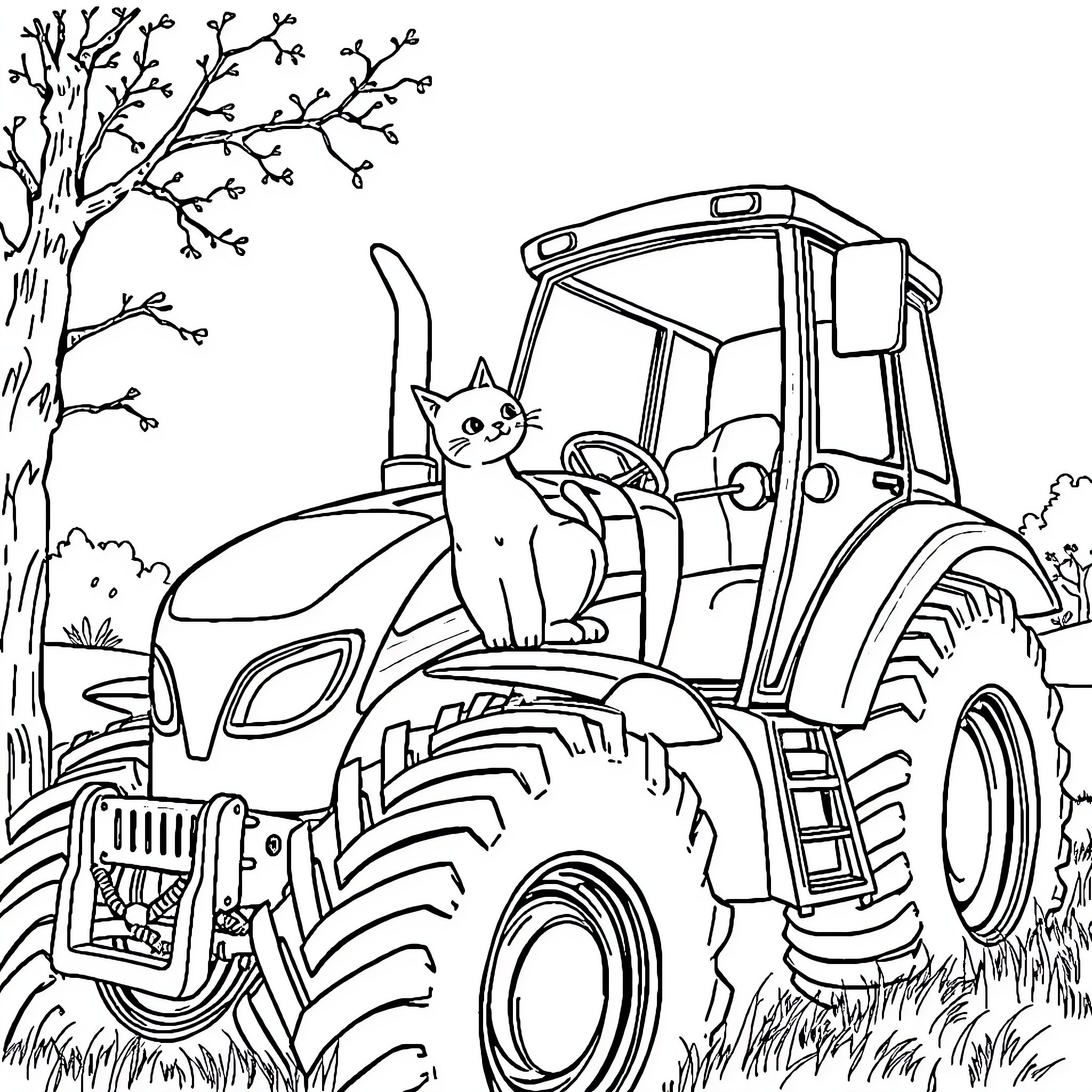 Cat sitting on a tractor in the countryside Coloring Page (free black-and-white line drawing printable PDF for all, from beginners to advanced learners, including children, teens, adults, and seniors)