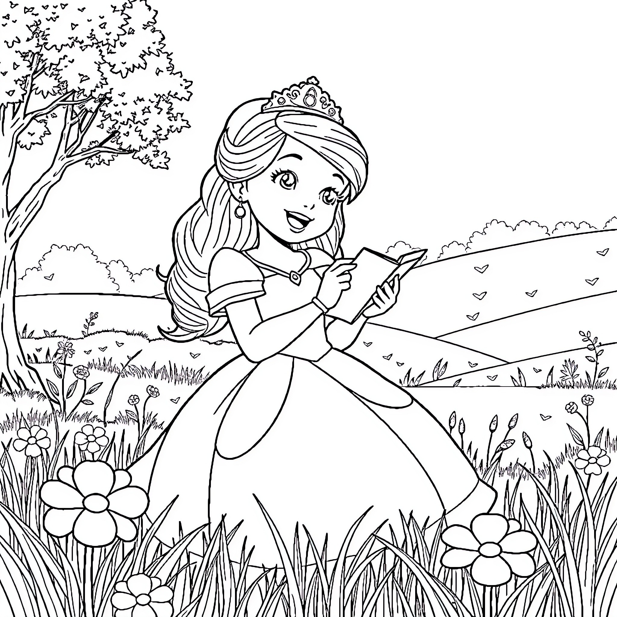 Princess Sofia enjoying a book in a flower-filled park Coloring Page (free black-and-white line drawing printable PDF for all, from beginners to advanced learners, including children, teens, adults, and seniors)
