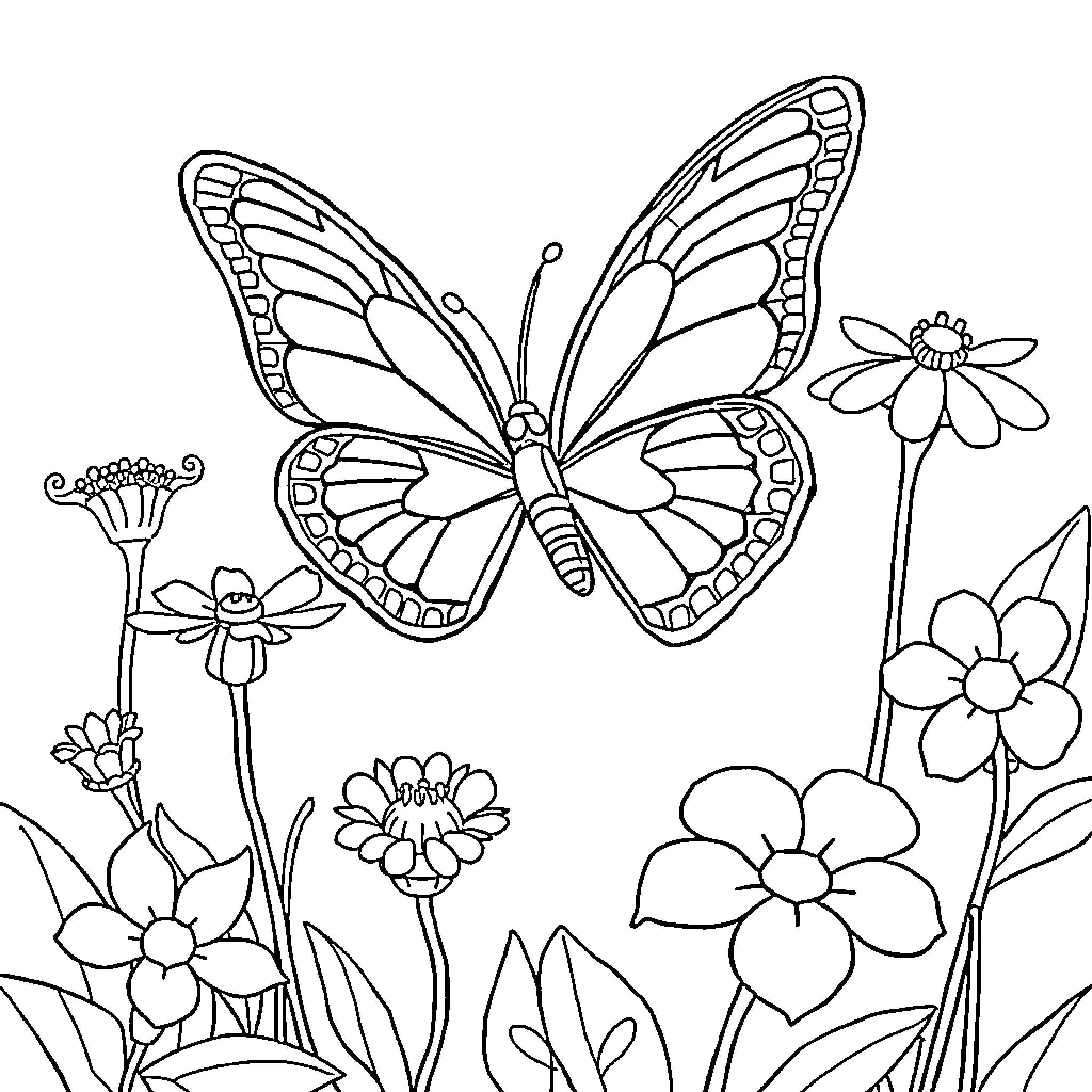 Butterfly flying amidst flowers and nature Coloring Page (free black-and-white line drawing printable PDF for all, from beginners to advanced learners, including children, teens, adults, and seniors)