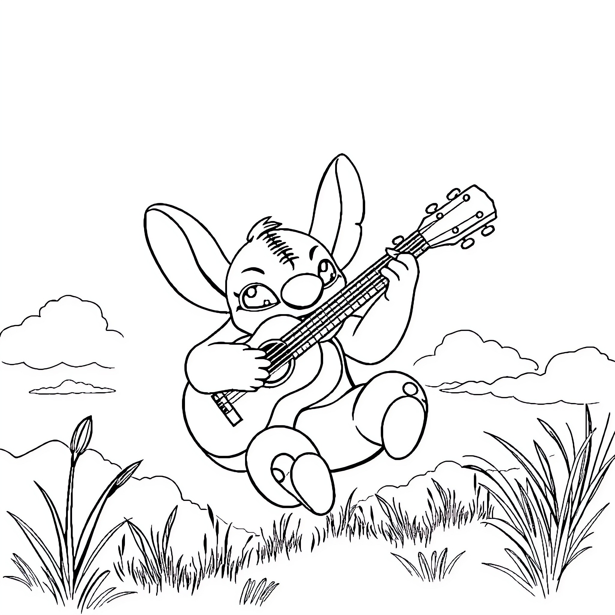 Stitch strumming a guitar in a grassy meadow Coloring Page (free black-and-white line drawing printable PDF for all, from beginners to advanced learners, including children, teens, adults, and seniors)