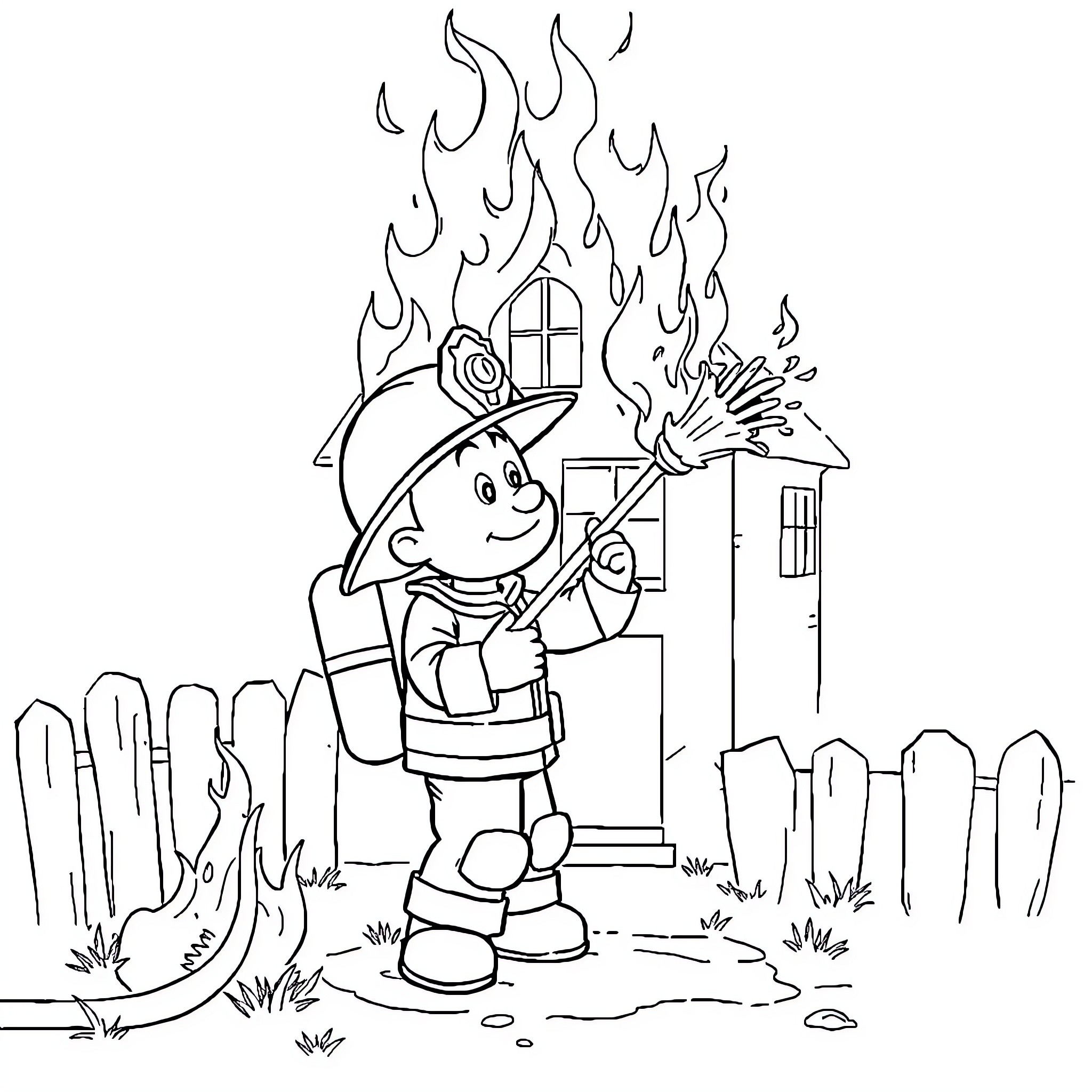 Sam the Firefighter Putting Out a House Fire Coloring Page (free black-and-white line drawing printable PDF for all, from beginners to advanced learners, including children, teens, adults, and seniors)
