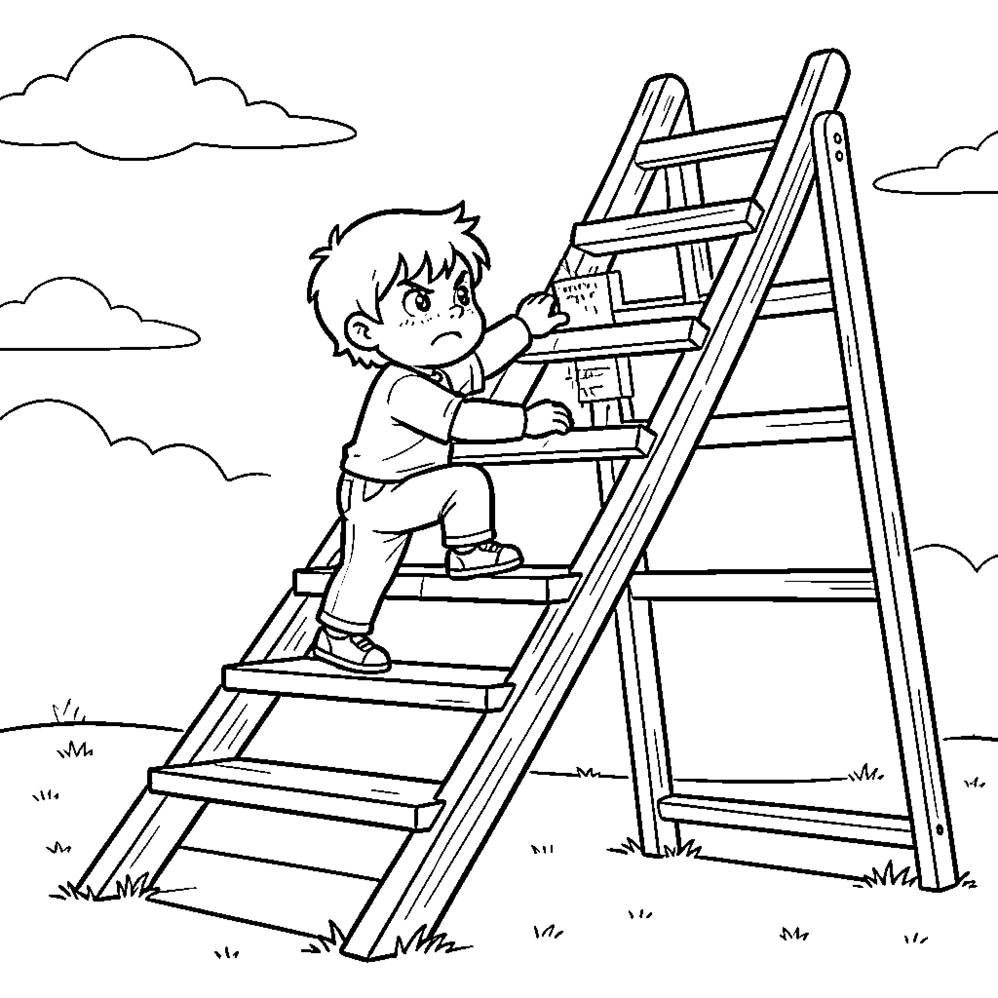 Achievement Ladder: Boy climbing on ladder outdoors Coloring Page (free black-and-white line drawing printable PDF for all, from beginners to advanced learners, including children, teens, adults, and seniors)