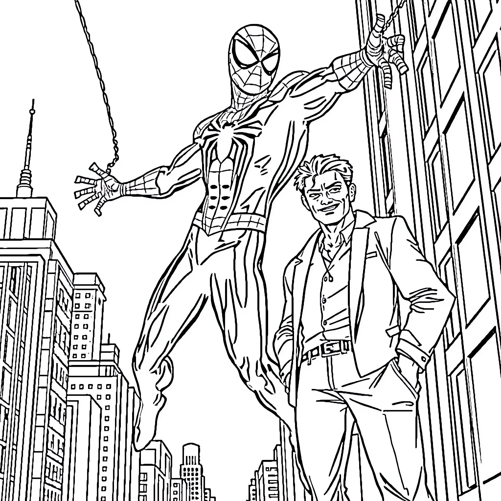 Spider-Man swinging through the city with a supporting character Coloring Page (free black-and-white line drawing printable PDF for all, from beginners to advanced learners, including children, teens, adults, and seniors)