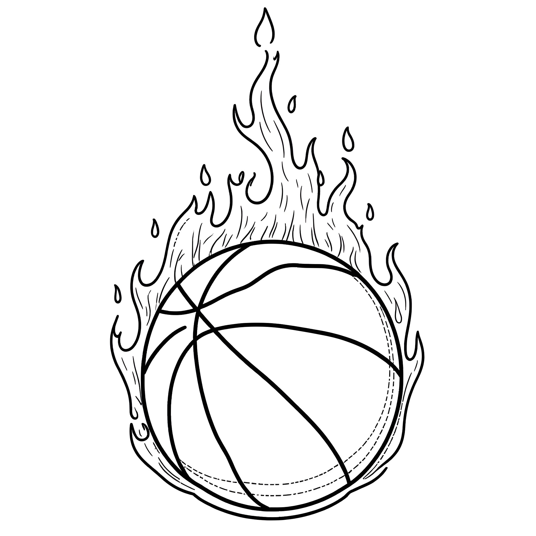 Basketball in Flames Coloring Page (free black-and-white line drawing printable PDF for all, from beginners to advanced learners, including children, teens, adults, and seniors)