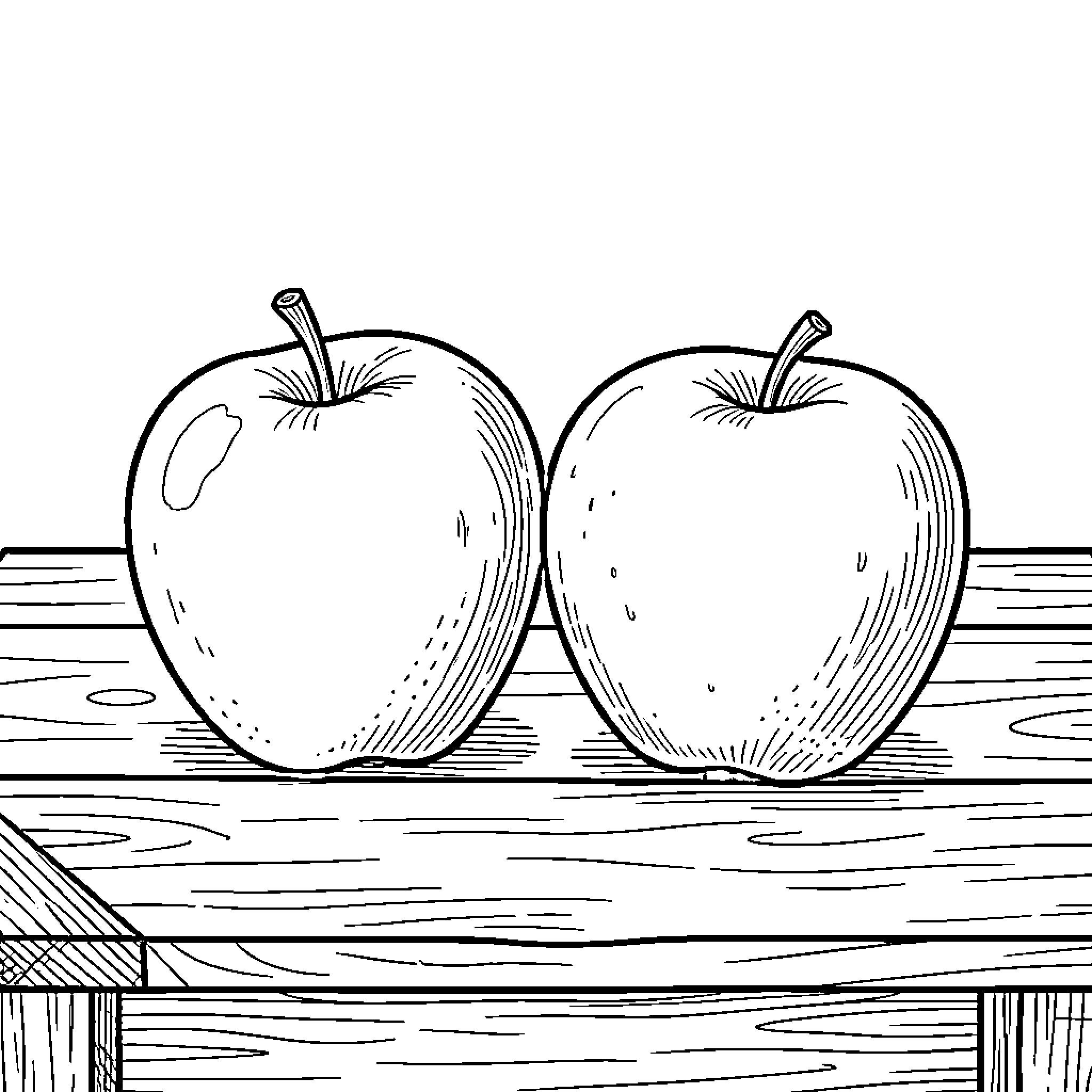 Apple pair resting on a wooden table Coloring Page (free black-and-white line drawing printable PDF for all, from beginners to advanced learners, including children, teens, adults, and seniors)