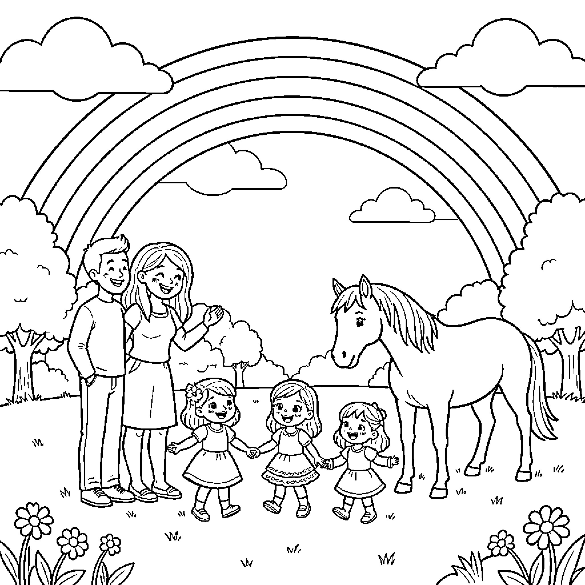 Family Enjoying Nature and Animals Outdoors Coloring Page (free black-and-white line drawing printable PDF for all, from beginners to advanced learners, including children, teens, adults, and seniors)