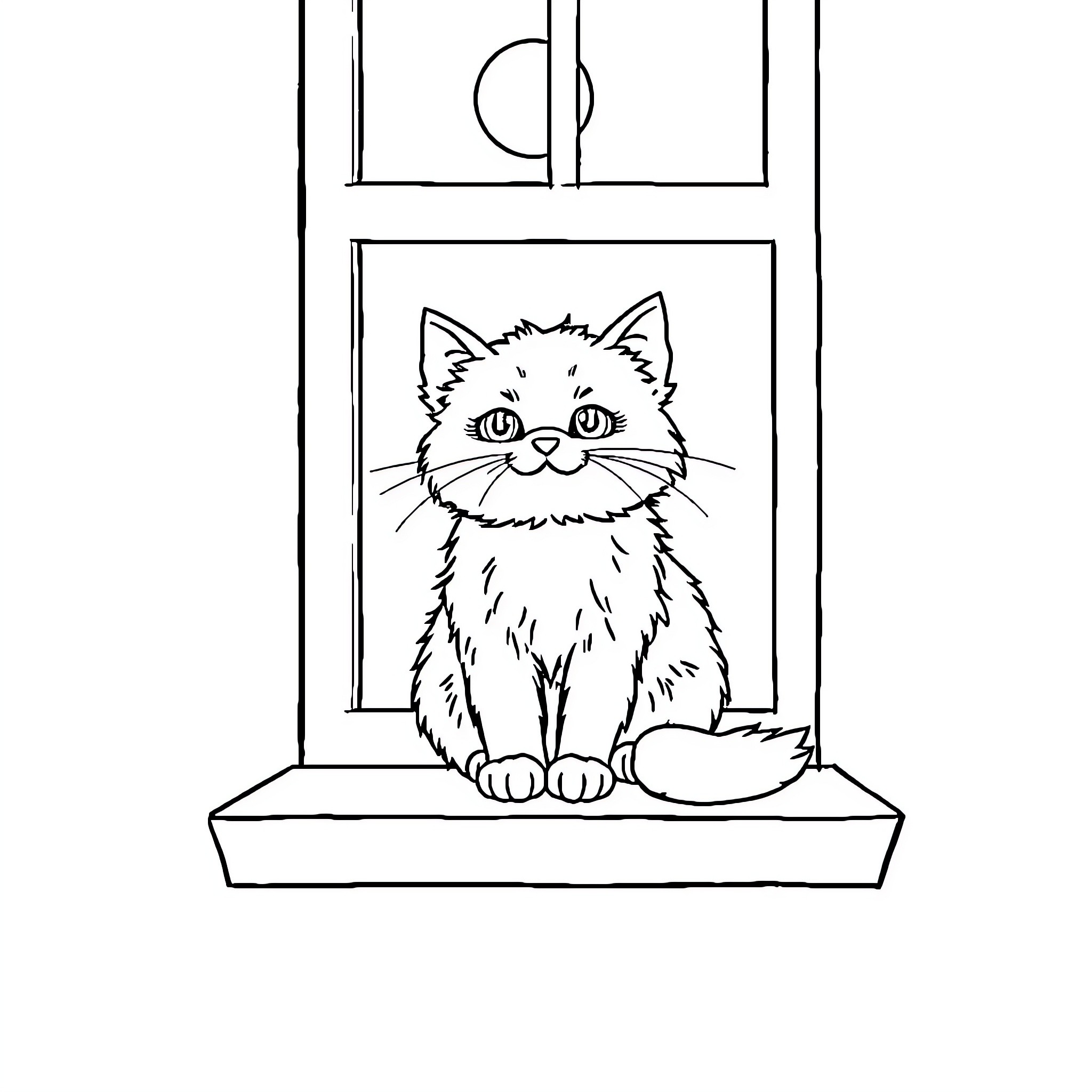 Cat sitting on window sill Coloring Page (free black-and-white line drawing printable PDF for all, from beginners to advanced learners, including children, teens, adults, and seniors)