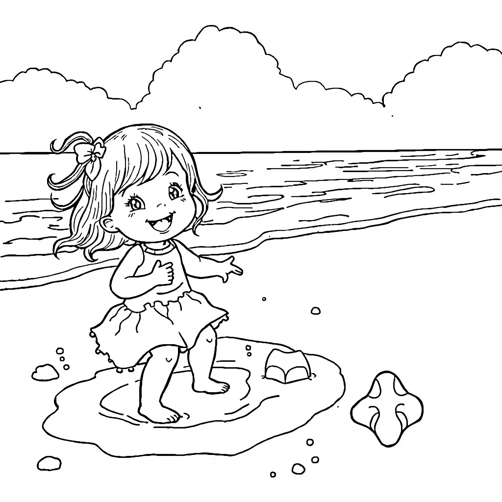 Girl playing happily on the beach Coloring Page (free black-and-white line drawing printable PDF for all, from beginners to advanced learners, including children, teens, adults, and seniors)