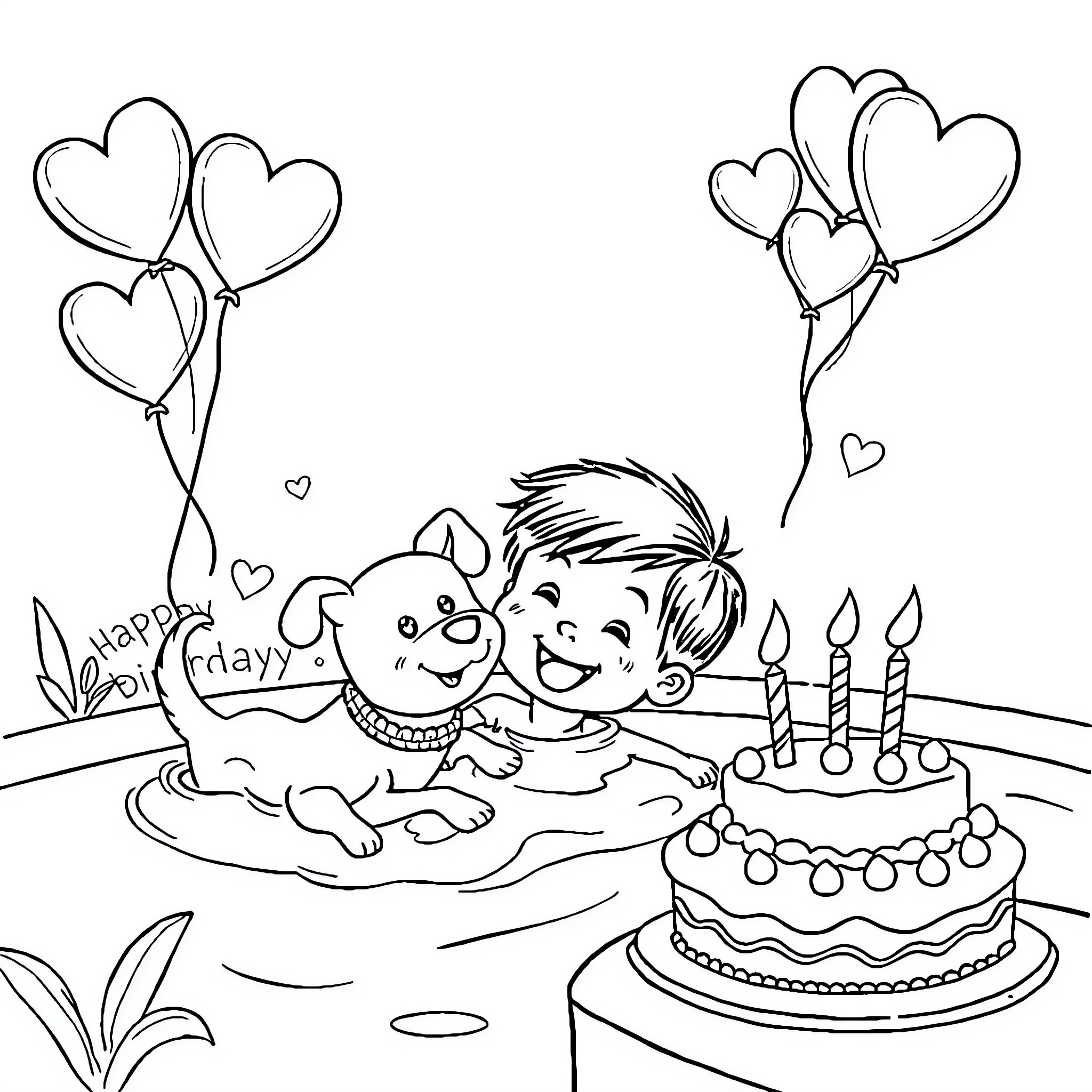 Kid celebrating birthday with puppy and cake Coloring Page (free black-and-white line drawing printable PDF for all, from beginners to advanced learners, including children, teens, adults, and seniors)